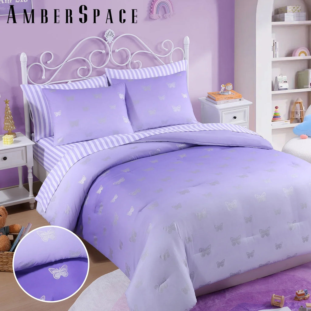 All-Season gold foil Design 7-piece Bed in a Bag Comforter Set with Sheets,Purple/Silver Butterflies,Full - Luxurious Quilted Duvet Cover Set Detail