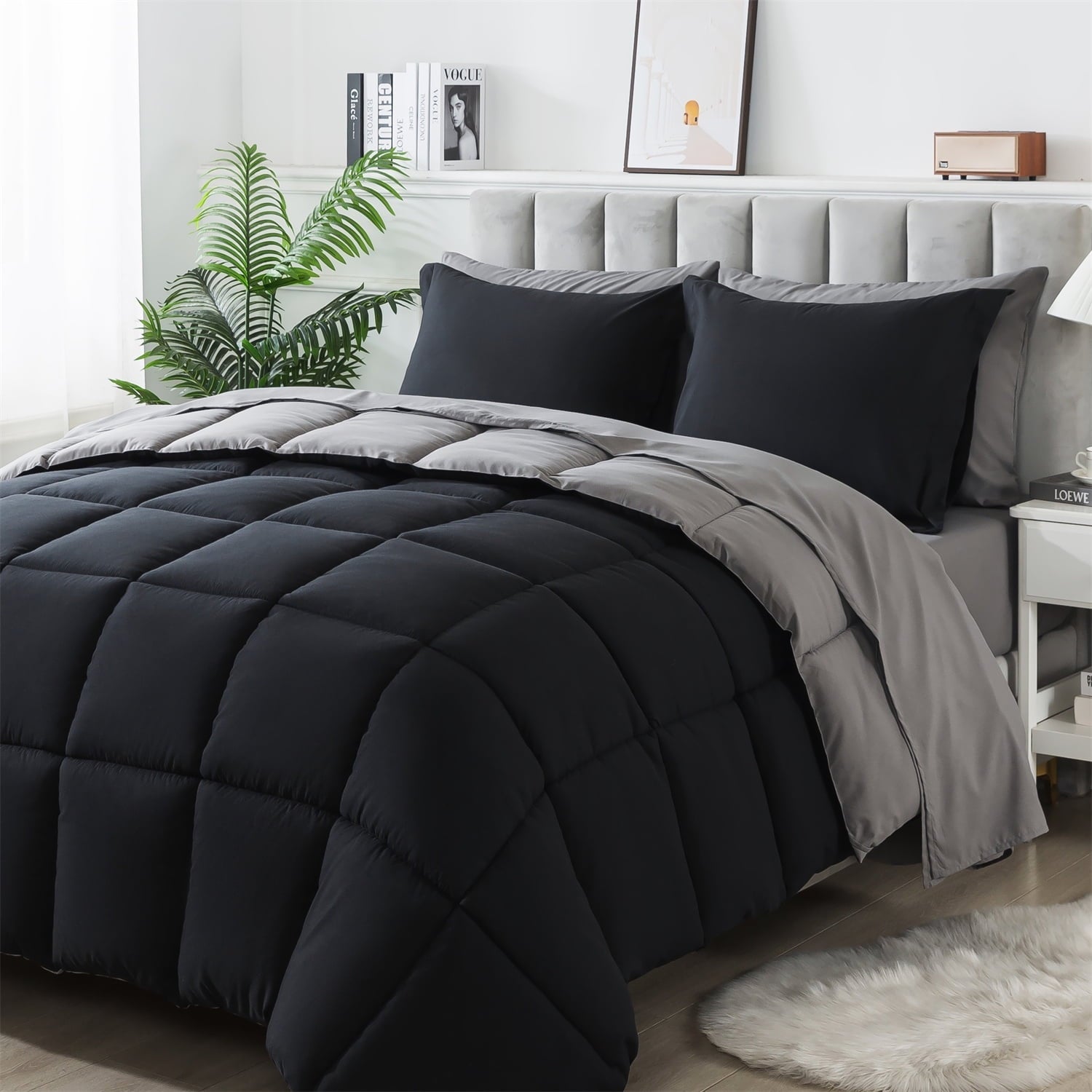Heavyweight Warmth Queen Size 7 Piece Comforter Set | Bed in a Bag for Unisex Adult | Black/Gray - Hypoallergenic Ultra-Fluffy Quilt for Winter Detail