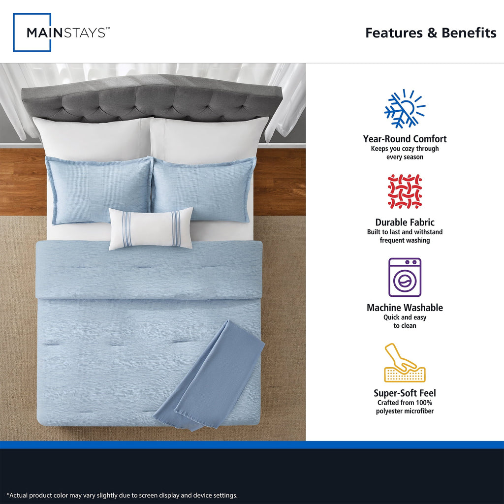 Luxurious Quilted Full/Queen Comforter Set, All-Season, 5-Piece, Blue Matelasse Tonal Stripe - Hypoallergenic Ultra-Fluffy Quilt for Winter Detail