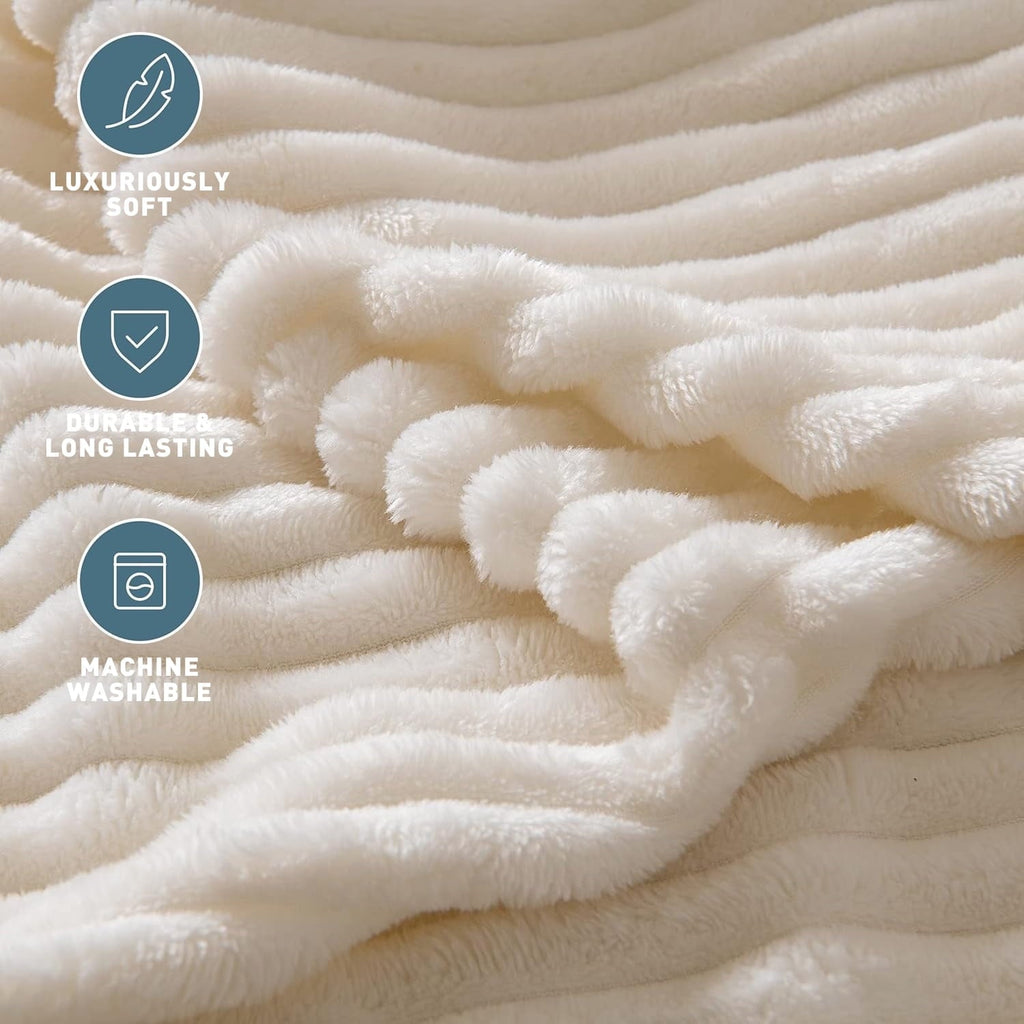Cozy Fleece Throw Size Blanket for Couch, Sofa, Bed, Striped Beige Throw Blanket for Office Picnic Travel Bedroom, Super Soft War... - Luxury Knitted Decorative Throw Blanket with Fringes Detail