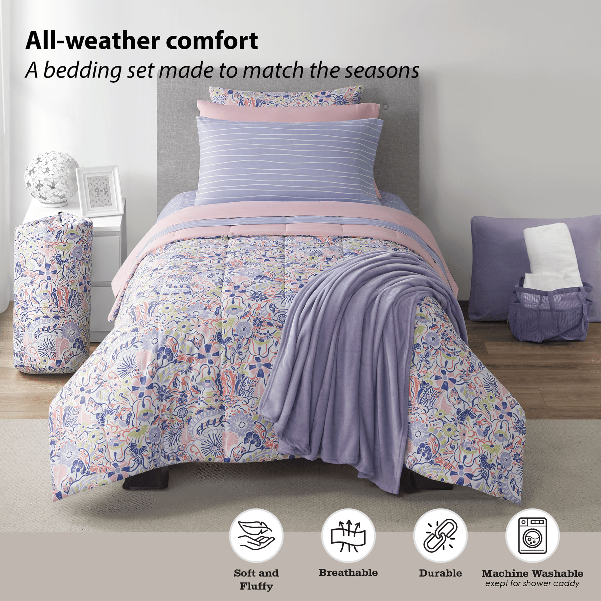 All-Season 14pc College Dorm Essentials Bundle, Twin-XL, Reversible Bed in a Bag Comforter Set, Purple Floral - All-Season Down Alternative Comforter Insert Detail
