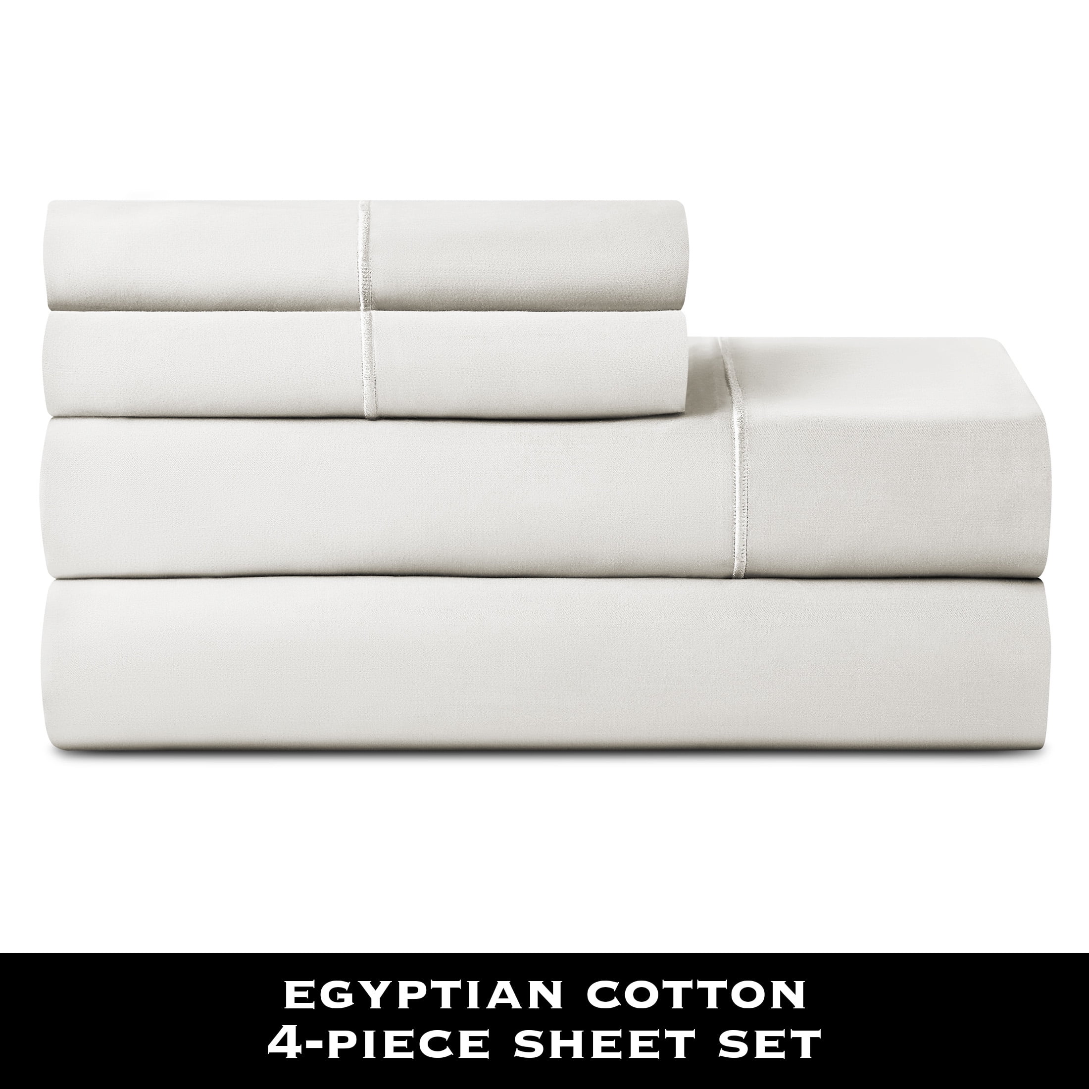 Breathable Luxury 4-Piece 600 Thread Count White Egyptian Cotton Adult Bed Sheet Set, King - Deep Pocket - Breathable Egyptian Cotton Flat & Fitted Sheets Detail