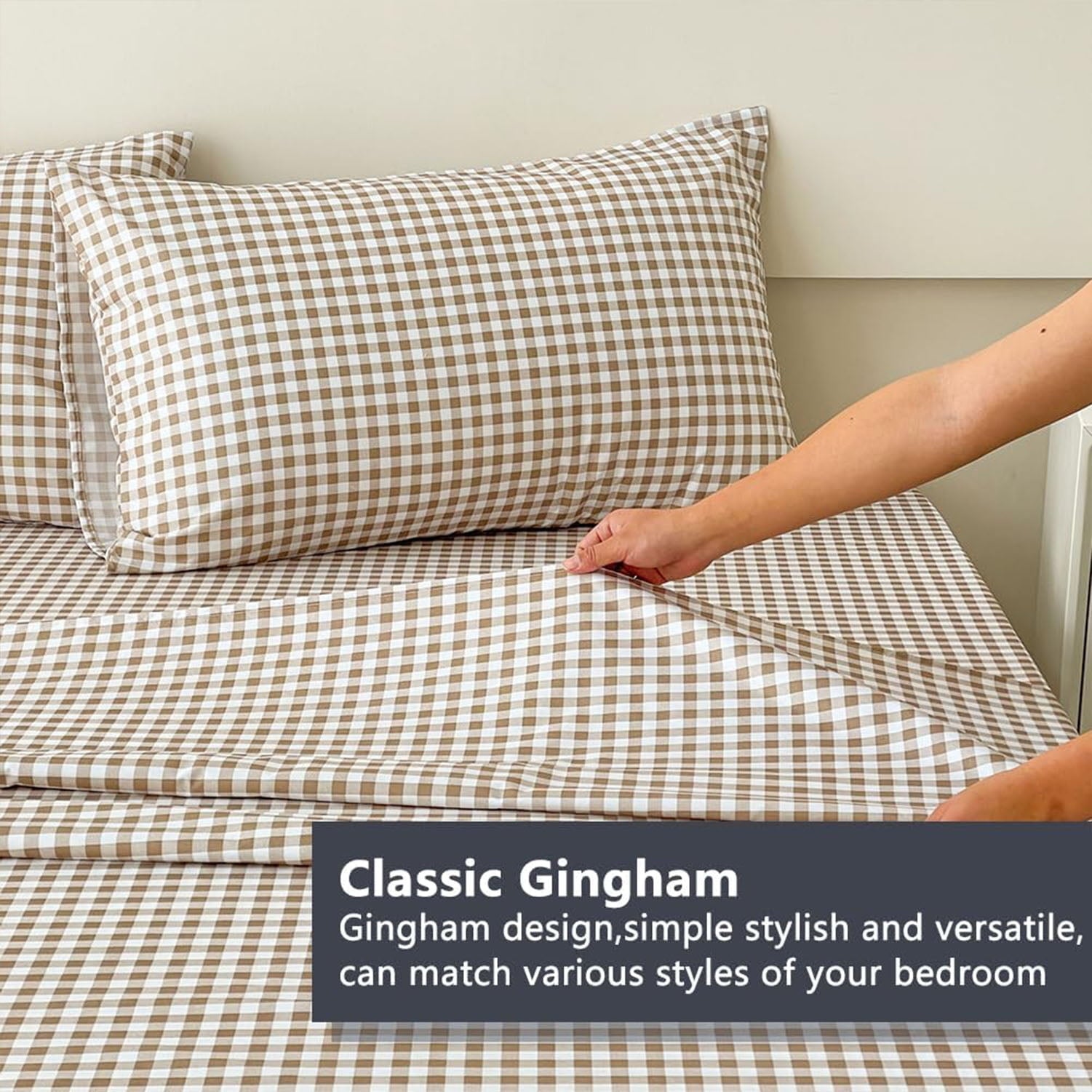 Wrinkle-Resistant Sheet Set, Soft Brushed Microfiber Taupe Plaid Sheets, 4-Piece Brown Grid Set with Deep Pocket - Premium Ultra-Soft Pillowcase Pair for Sleeping Detail