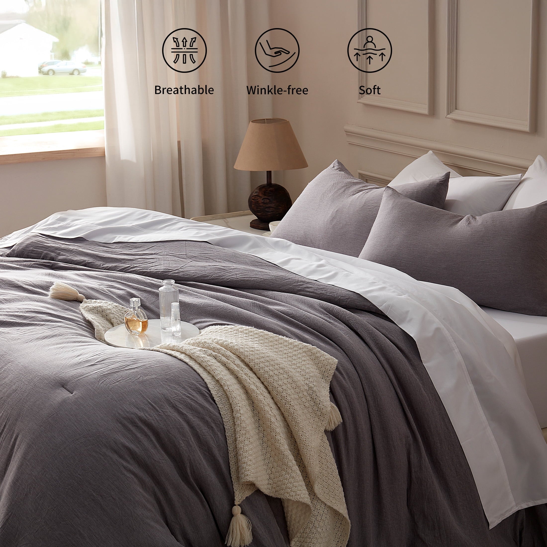 Fluffy Down Alternative Washed Comforter Set Full Size - 3 Pieces Soft Luxury Cationic Dyeing Bedding Sets, Linen-Like Texture Breathable Wri... - Hypoallergenic Ultra-Fluffy Quilt for Winter Detail