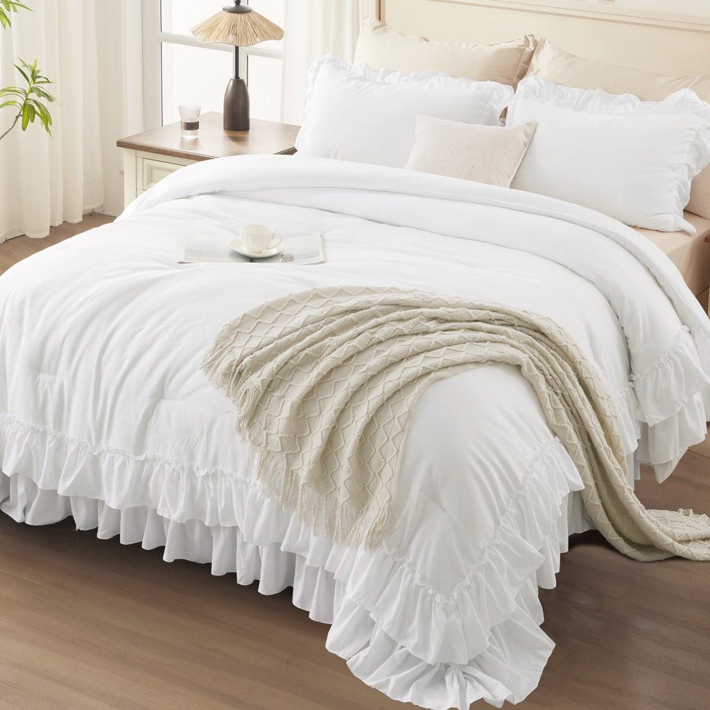 Heavyweight Warmth Queen Comforter Set White - 3 Pieces Soft Fluffy Ruffle Bedding Comforter Sets for Queen Bed, All Season Farmhouse Li... - Luxurious Quilted Duvet Cover Set Detail