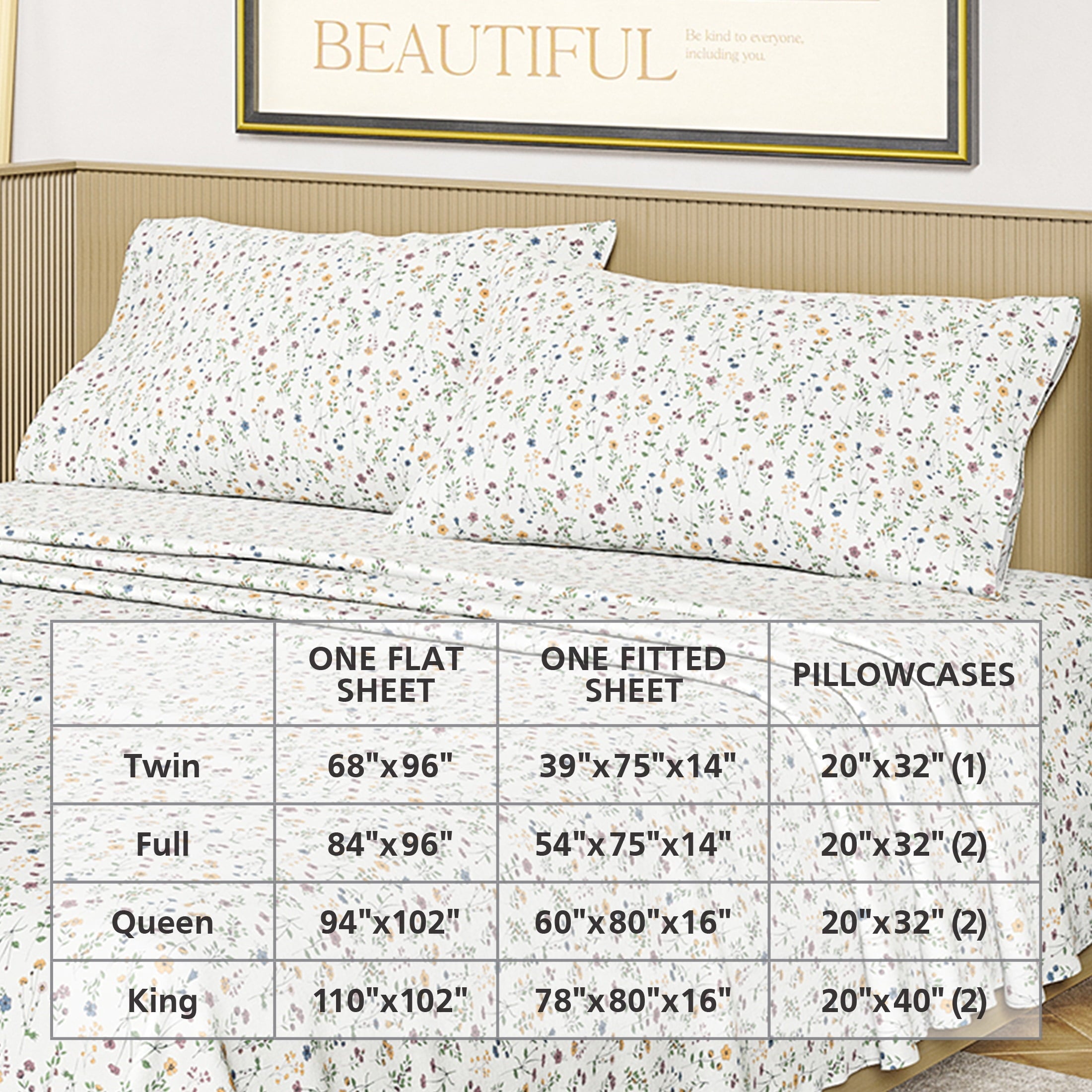 Cooling Sateen Botanical 4-Piece 100% Cotton Washed Percale White Sheet Set, Queen - Luxury Bed Sheet Set with Deep Pockets Detail