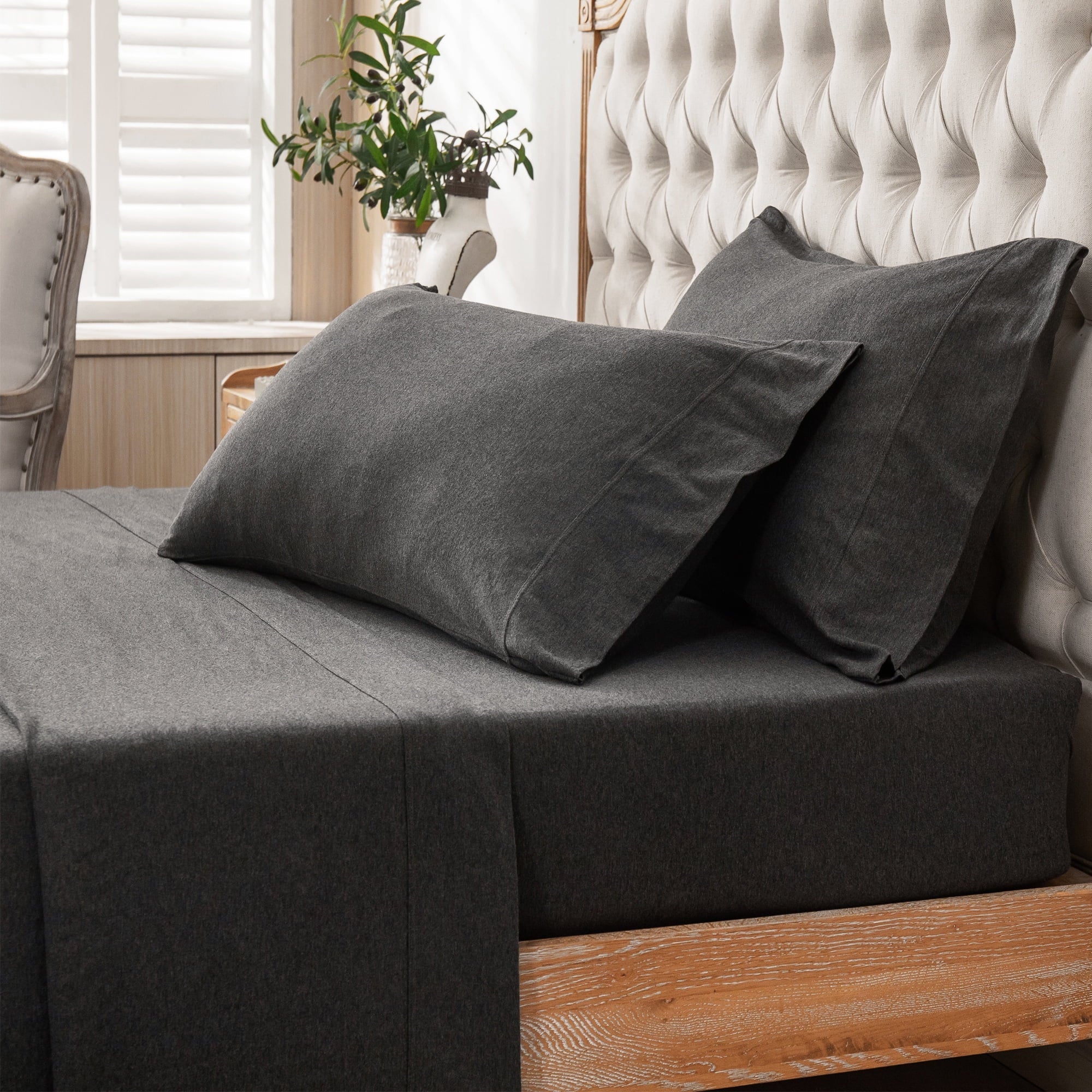 Wrinkle-Resistant 100% Cotton Jersey Knit 4pc Bed Sheet Set Extra Deep Pocket up to 20" Charcoal Gray Queen - Cooling Hotel Quality Bedding Sheets and Pillowcases Detail