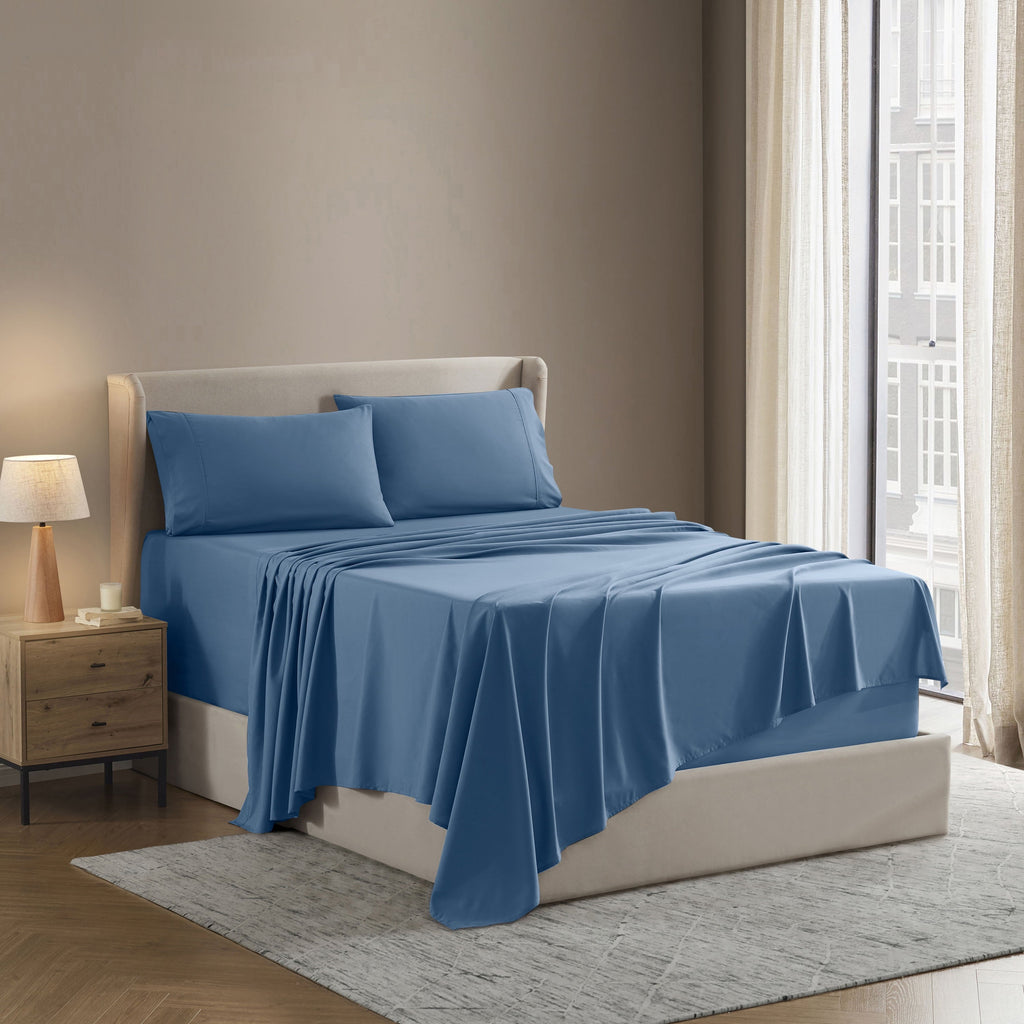 Breathable Luxury Split King Sheet Sets, Deep Pocket 5 Piece, Luxury Soft Microfiber Bed Sheet Sets, BLUE HEAVEN - Breathable Egyptian Cotton Flat & Fitted Sheets Detail