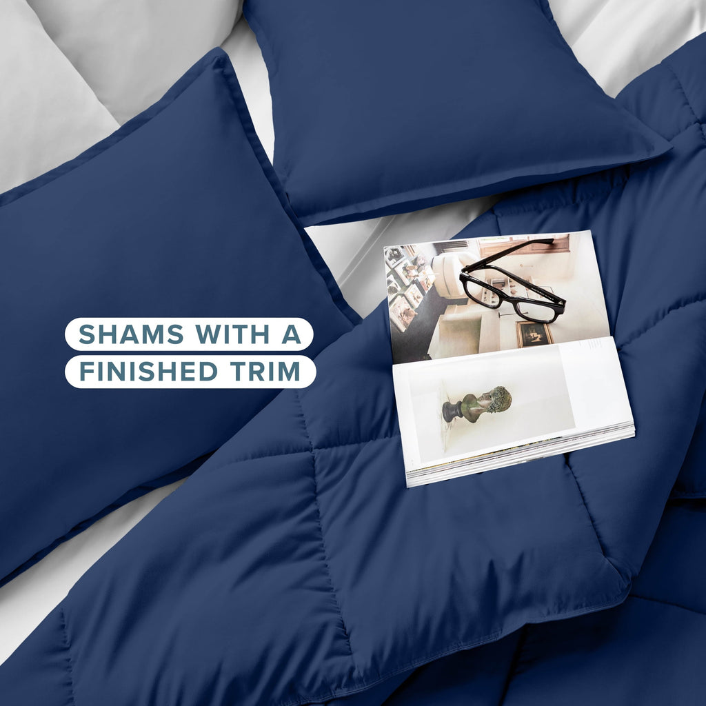 Luxurious Quilted Down Alternative Comforter Set - 3-Pieces - All Seasons - Queen, Dark Blue - Hypoallergenic Ultra-Fluffy Quilt for Winter Detail