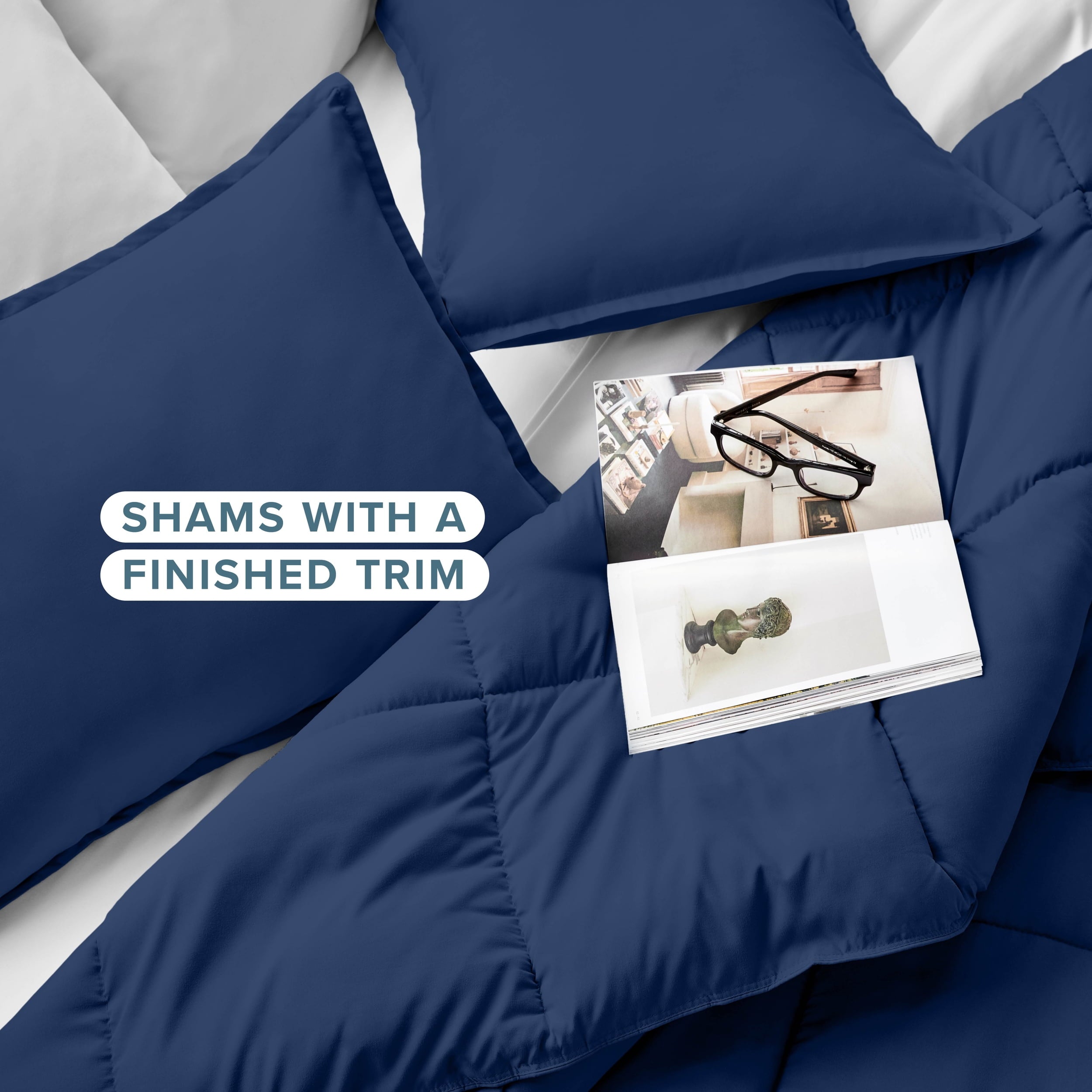 Luxurious Quilted Down Alternative Comforter Set - 3-Pieces - All Seasons - Queen, Dark Blue - Hypoallergenic Ultra-Fluffy Quilt for Winter Detail