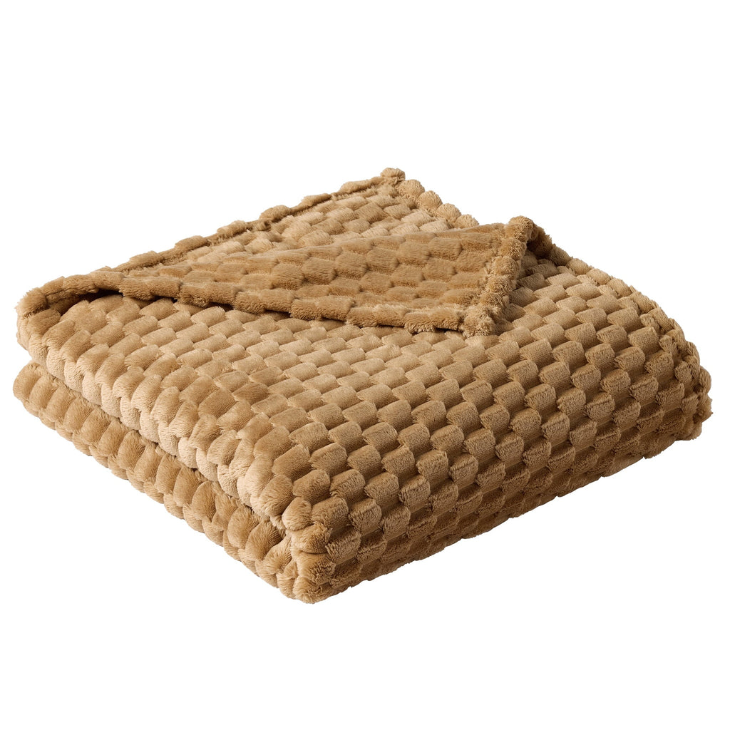 Cozy Fleece Textured Velvet Plush Oversized Throw Blanket in Dark Caramel - Luxury Knitted Decorative Throw Blanket with Fringes Detail