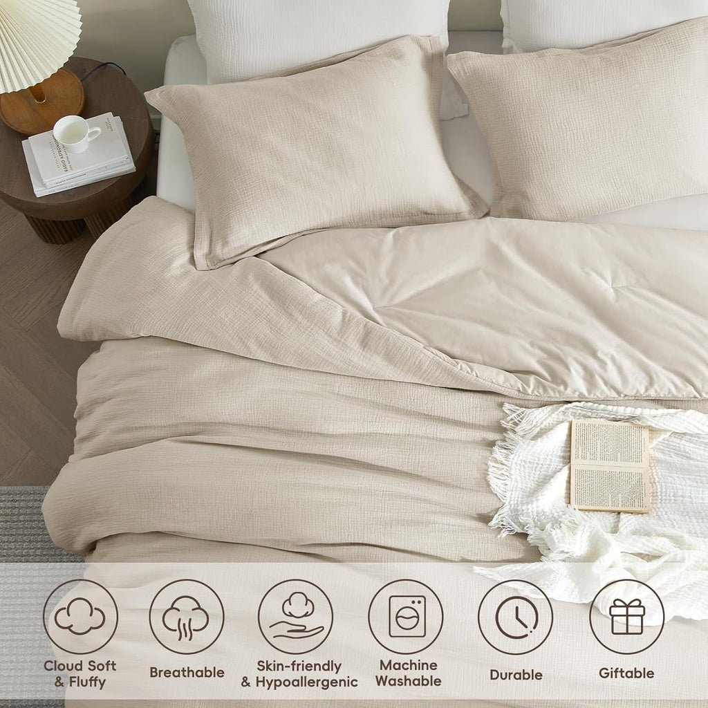 Fluffy Down Alternative Cotton Muslin Comforter Set Queen Size, Ultra Soft Breathable & Lightweight Bedding Set for All Seasons, 1 Comfy Comf... - All-Season Down Alternative Comforter Insert Detail