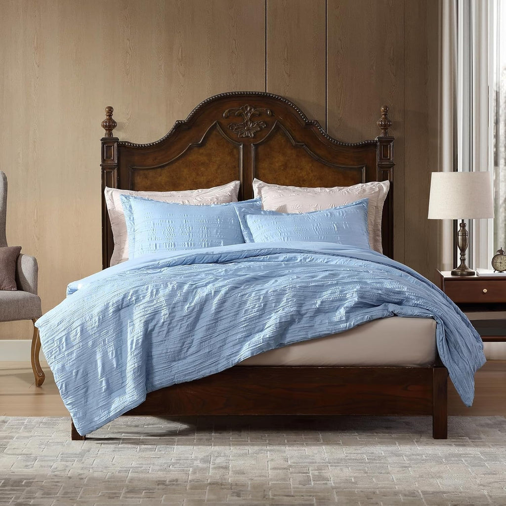 Fluffy Down Alternative Queen Comforter Set Chambray Blue, 3 Pieces Comforter Set, All Season Lightweight Soft Embossed Bedding (86" x 88" Co... - Luxurious Quilted Duvet Cover Set Detail