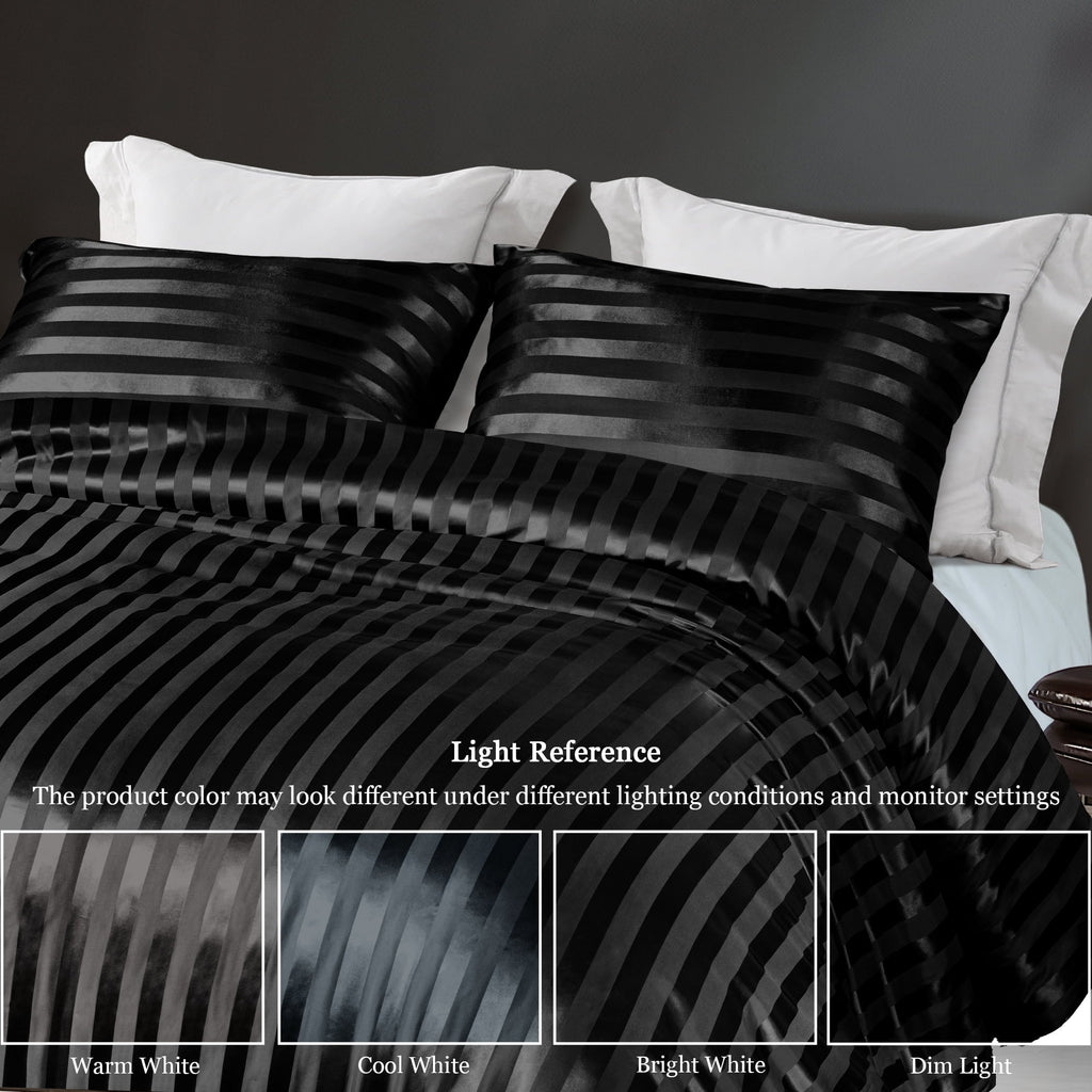 Heavyweight Warmth 3-Piece Reversible Silky Soft King Size Comforter Set, Luxury Stripe Satin Oversized Comforter Bedding Set with 2 Sat... - Luxurious Quilted Duvet Cover Set Detail