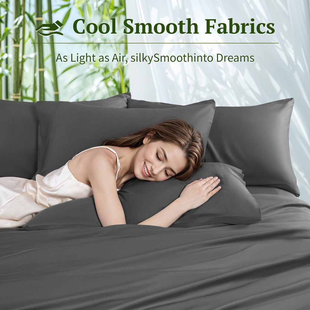 Wrinkle-Resistant 6 Pieces Bamboo Bed Sheets Set, Luxury Rayon Derived - Deep Pockets - Wrinkle Free - Extremely Soft, Queen, Dark Gray - Cooling Hotel Quality Bedding Sheets and Pillowcases Detail