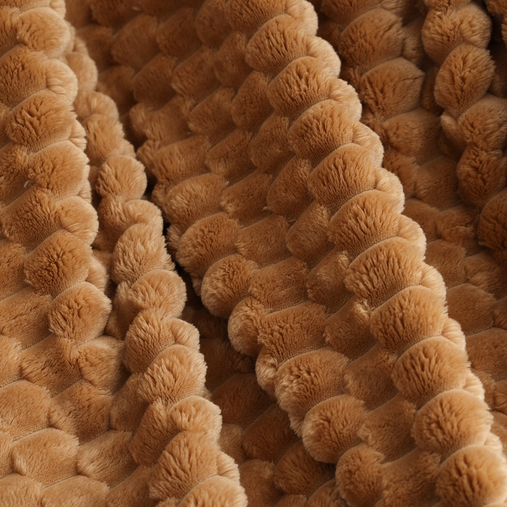 Cozy Fleece Textured Velvet Plush Oversized Throw Blanket in Dark Caramel - Luxury Knitted Decorative Throw Blanket with Fringes Detail
