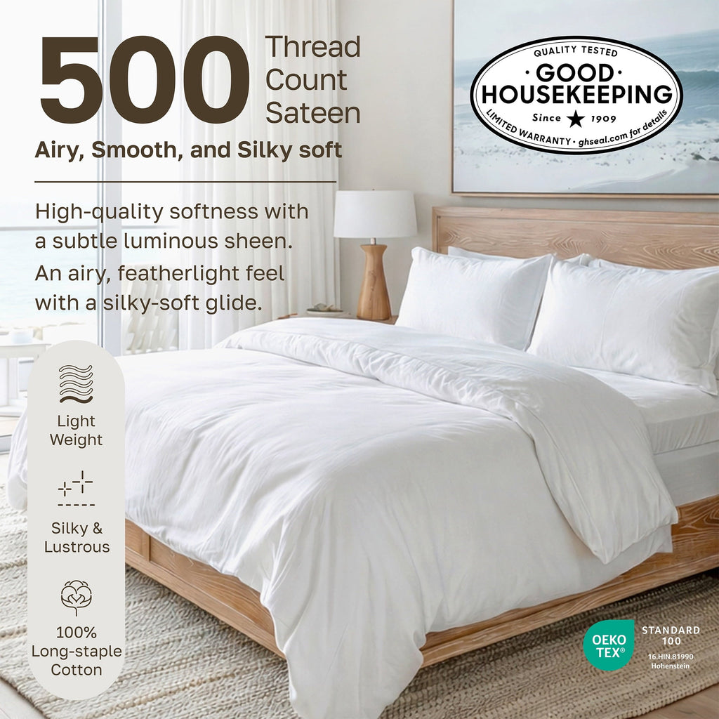Ultra-Soft 500-Thread-Count 100% Cotton Sheet White Queen-Sheets Set, 4-Piece Extra Long-Staple Combed Cotton Bedding Sheets for... - Luxury Bed Sheet Set with Deep Pockets Detail