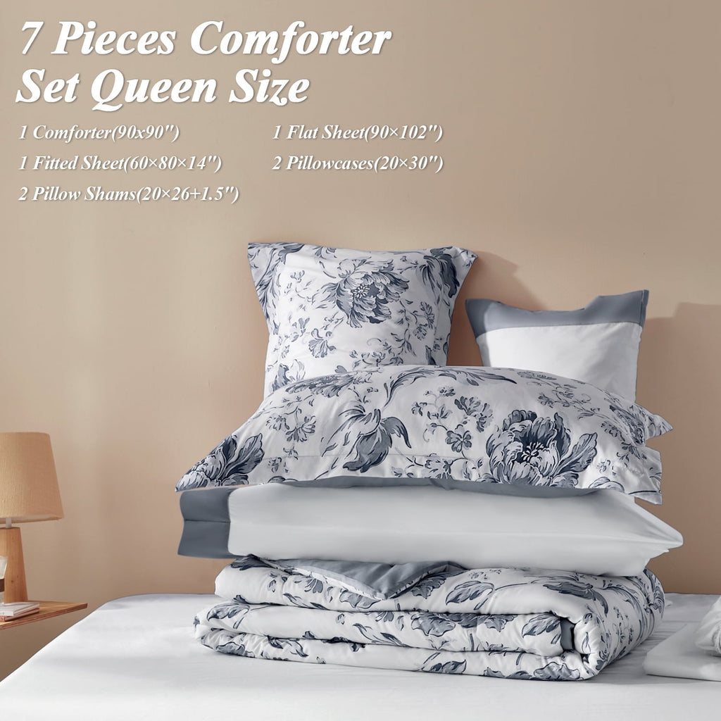 All-Season Queen Comforter Sets,7-Pieces Reversible Bedding Sets,Bed in a Bag with Comforter,Flat Sheet and Fitted Sheet,Pillowc... - Hypoallergenic Ultra-Fluffy Quilt for Winter Detail