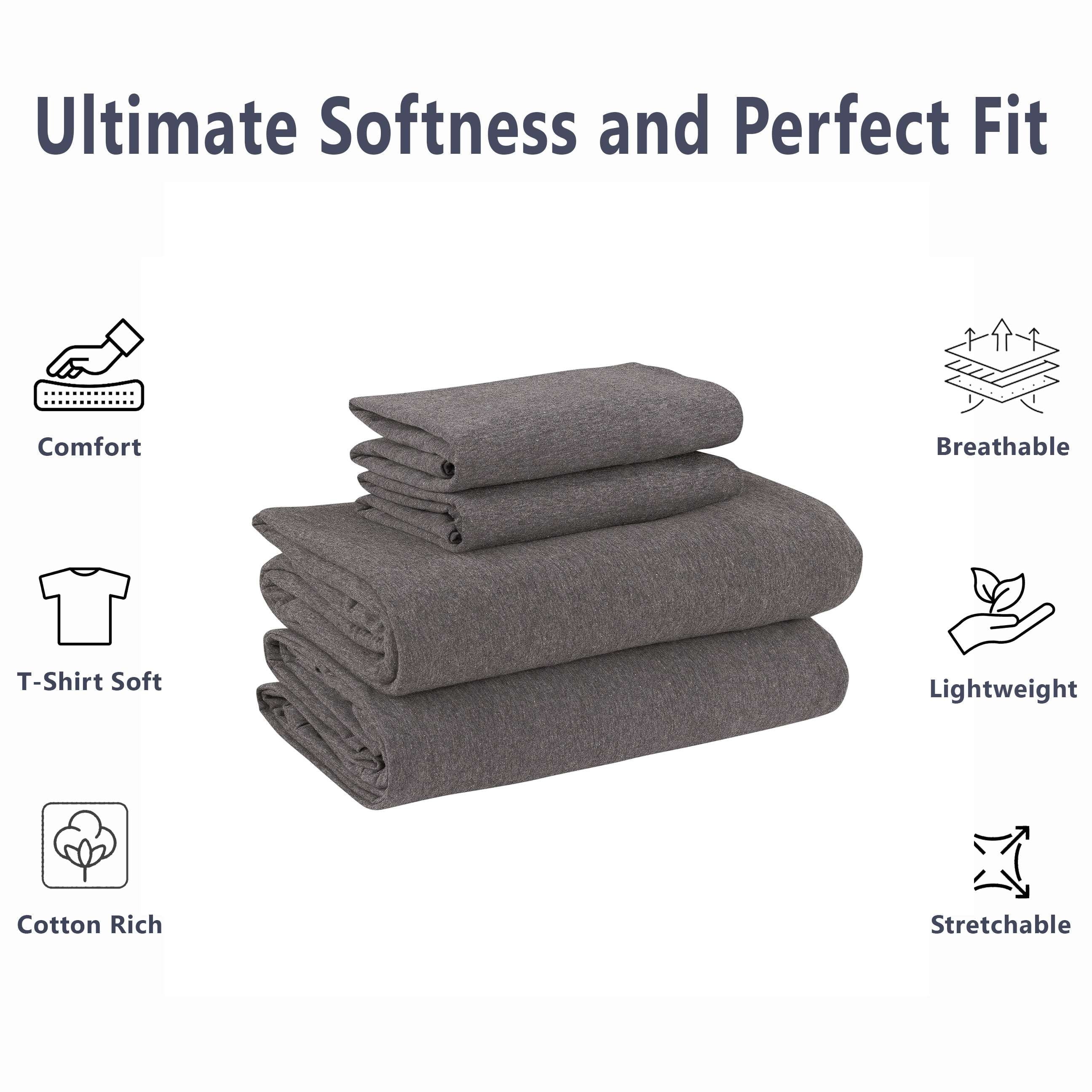 Ultra-Soft Cotton Rich Extra Soft Jersey Bed Sheet Set, Queen, Charcoal, 4 Pieces - Breathable Egyptian Cotton Flat & Fitted Sheets Detail