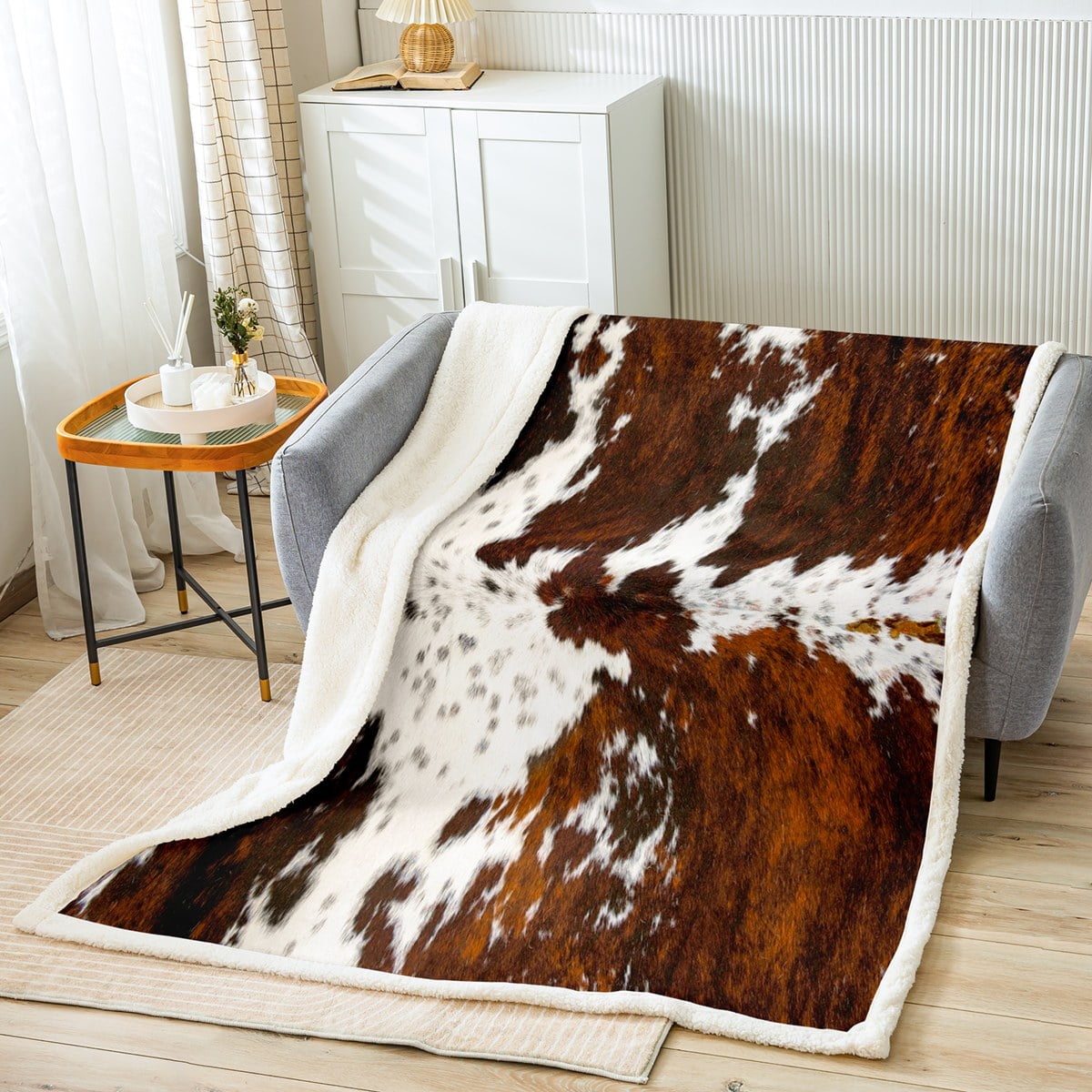 Reversible Sherpa Milk Cow Print Throw Blanket for Bed Chair,Black Brown Cowhide Fleece Blanket 50"x60",Farmhouse Rustic Animal Skin We... - Luxury Knitted Decorative Throw Blanket with Fringes Detail