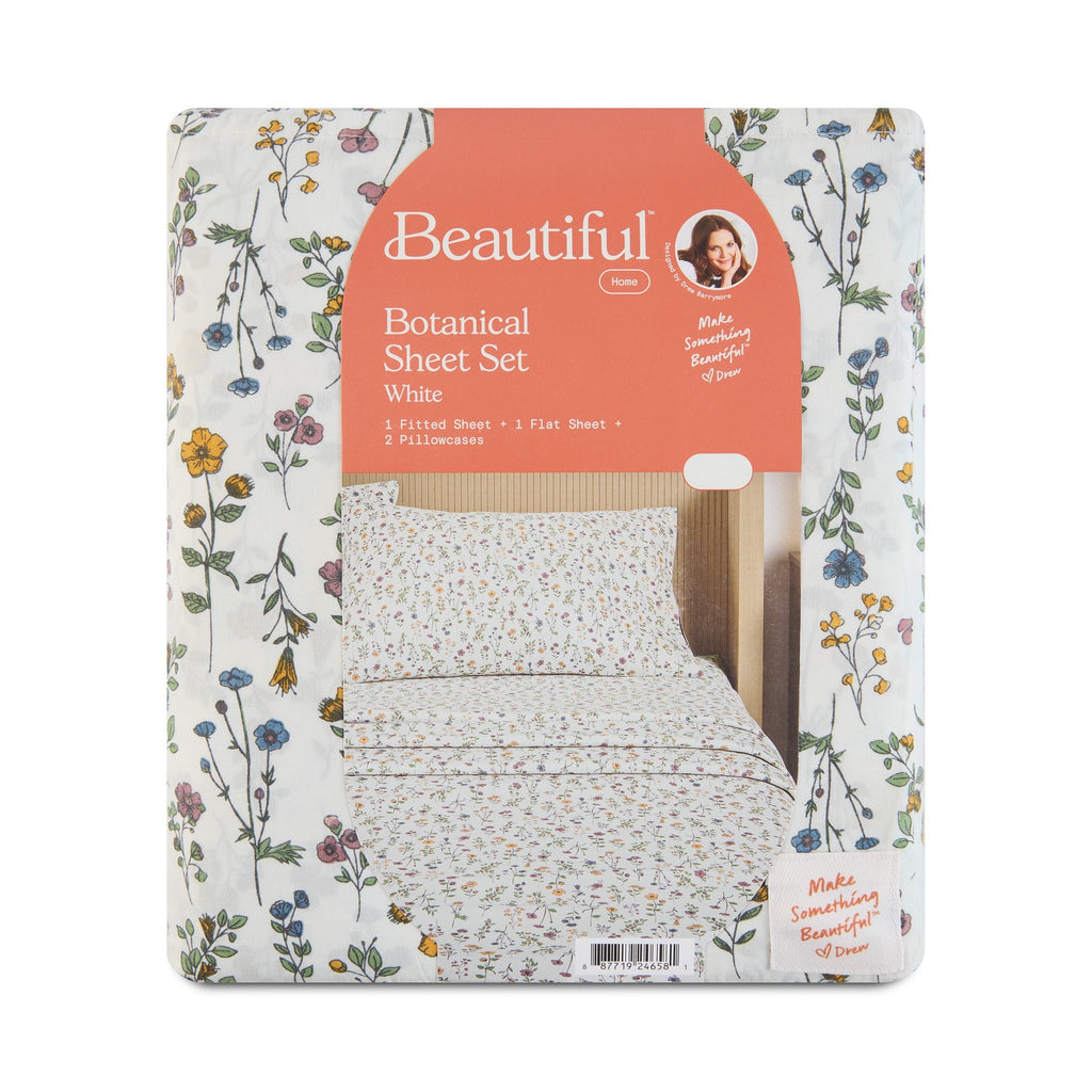 Cooling Sateen Botanical 4-Piece 100% Cotton Washed Percale White Sheet Set, Queen - Luxury Bed Sheet Set with Deep Pockets Detail