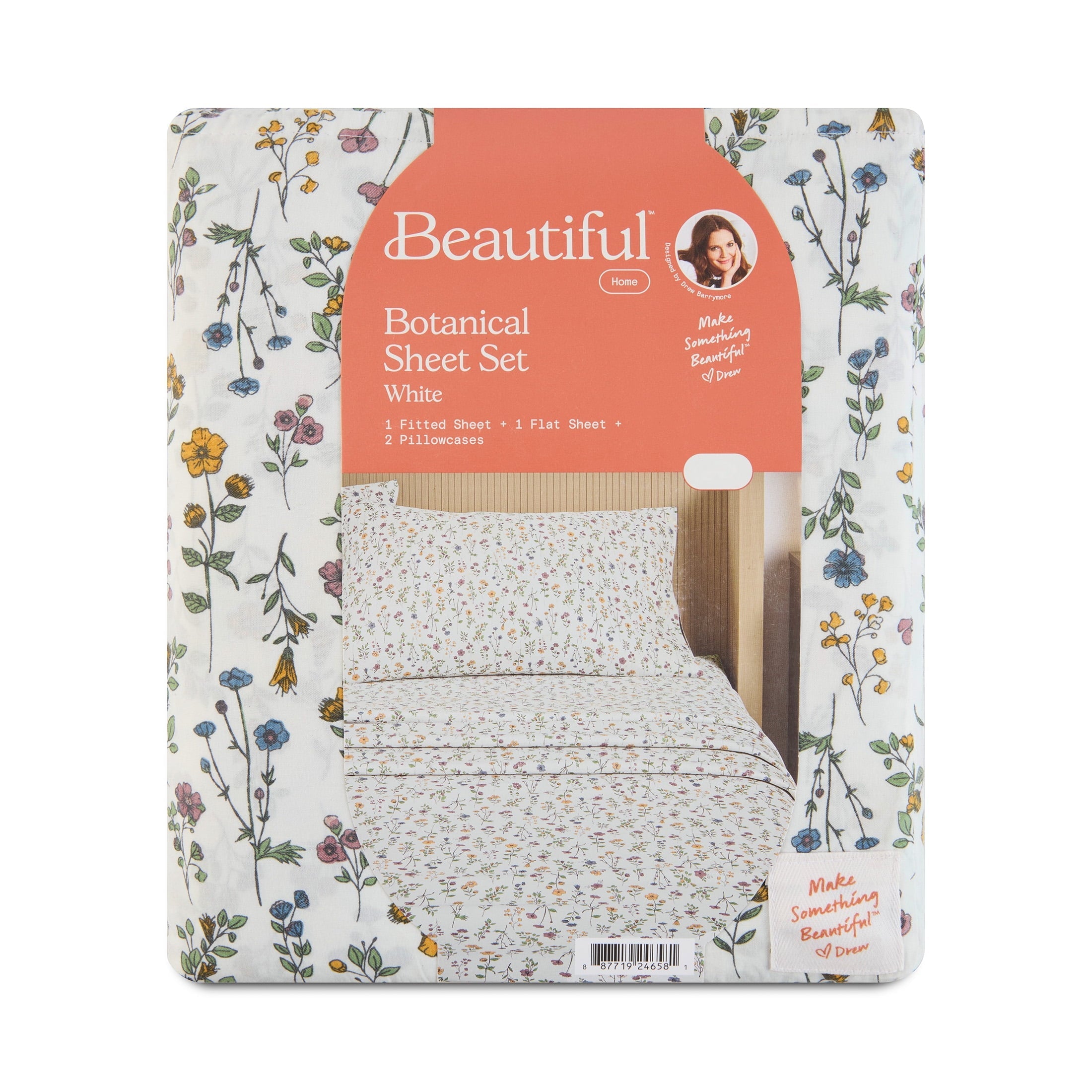 Cooling Sateen Botanical 4-Piece 100% Cotton Washed Percale White Sheet Set, Queen - Luxury Bed Sheet Set with Deep Pockets Detail