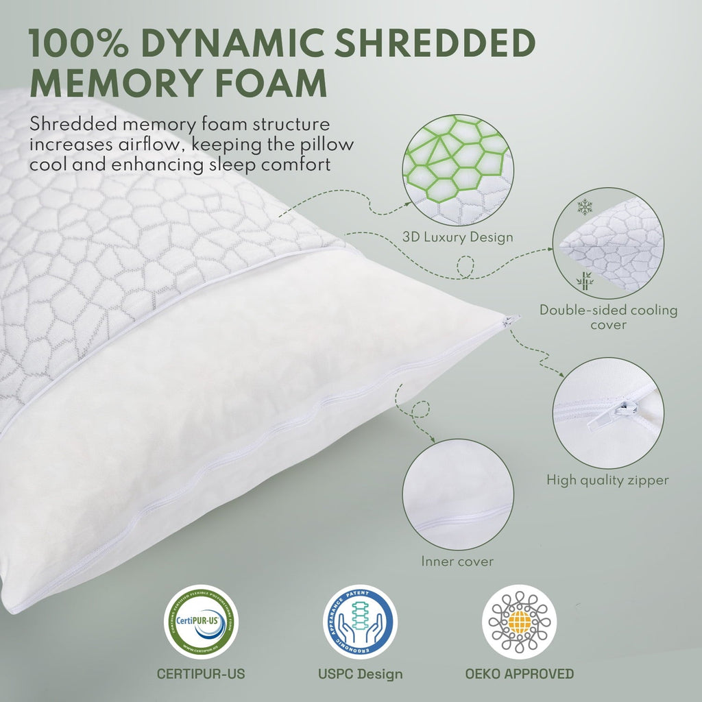 Fluffy Shredded Cooling Memory Foam Queen Pillows for bed 2 Pack,Adjustable Support & Heat Dissipation Tech for Side,Back,Stomach & H... - Hotel Quality Plush Sleeping Pillows Detail