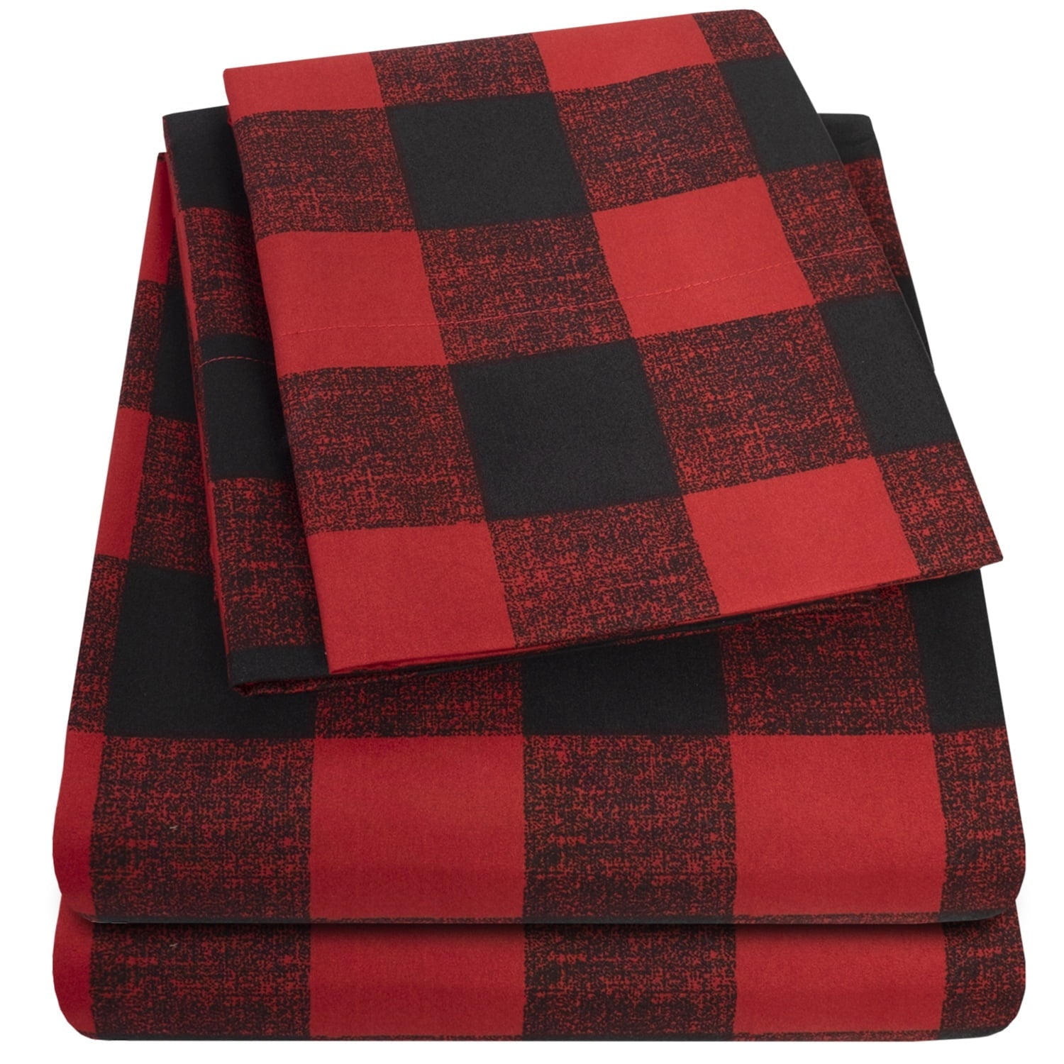Breathable Luxury Buffalo Plaid Black and Red 4 Piece Bed Sheet Set - Twin - Premium Ultra-Soft Pillowcase Pair for Sleeping Detail