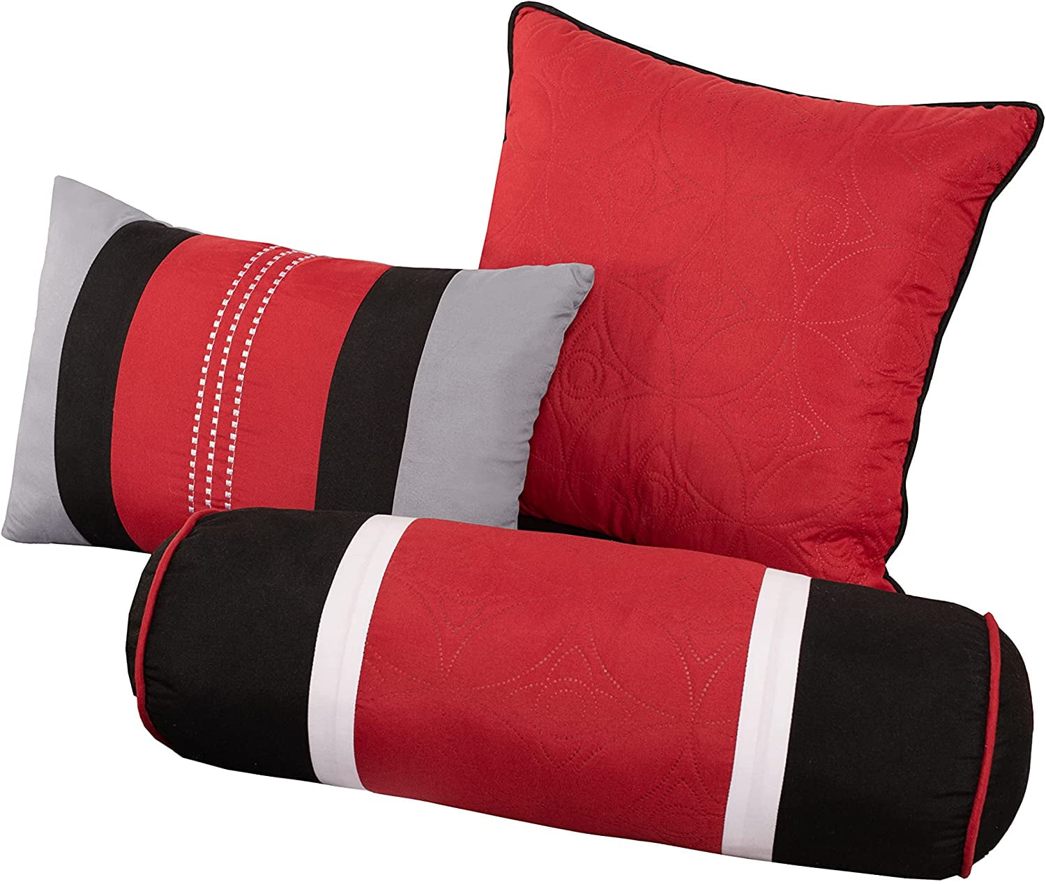 Luxurious Quilted 7-Piece Medallion Patchwork Comforter Set, Full, Red/Gray/Black - Hypoallergenic Ultra-Fluffy Quilt for Winter Detail
