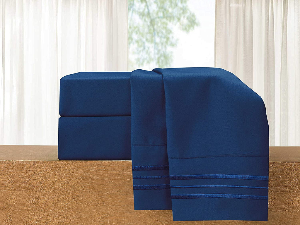 Ultra-Soft 4-Piece Microfiber Bed Sheet Set, Soft & Breathable, Wrinkle & Fade Resistant, Deep Pocket, Queen, Navy Blue - Cooling Hotel Quality Bedding Sheets and Pillowcases Detail