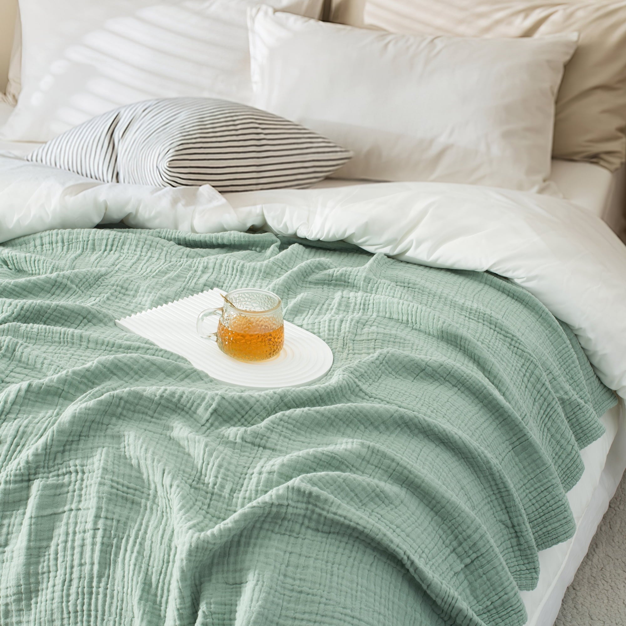 Super Soft Flannel 100% Cotton Muslin Throw Blanket Gauze Blankets for Adults Soft Throws for Bed and Couch, 50" x 70" Sage Green - Cozy Fleece Throw Blanket for Couch & Bed Detail