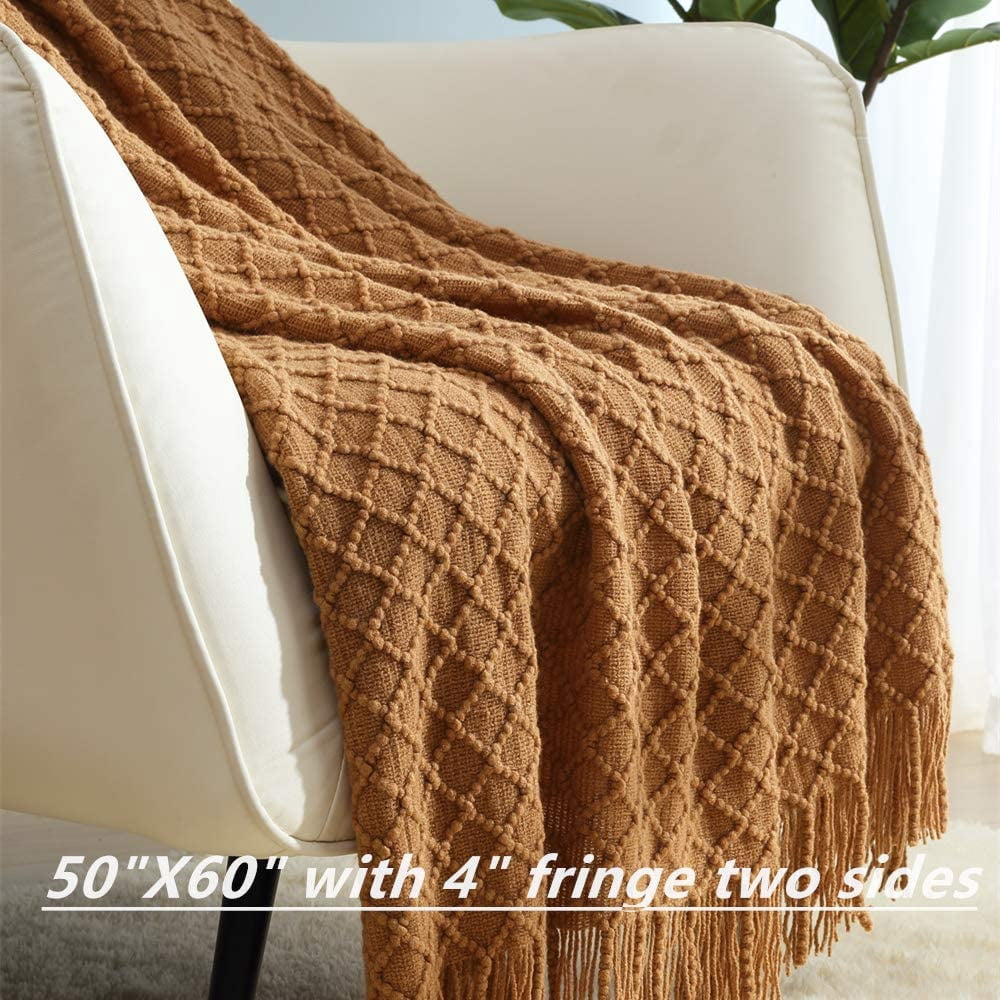 Super Soft Flannel Home Decor Rustic Couch Sofa Chair Bed Throw Blanket, Soft Warm Light Weight in Spring Summer (50''X60'' Brown) - Luxury Knitted Decorative Throw Blanket with Fringes Detail
