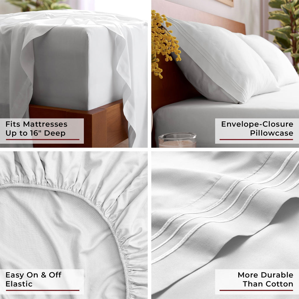 Cooling Sateen Iconic 6 Piece Bed Sheet Set Brushed Microfiber, Deep Pocket, Queen, White - Luxury Bed Sheet Set with Deep Pockets Detail