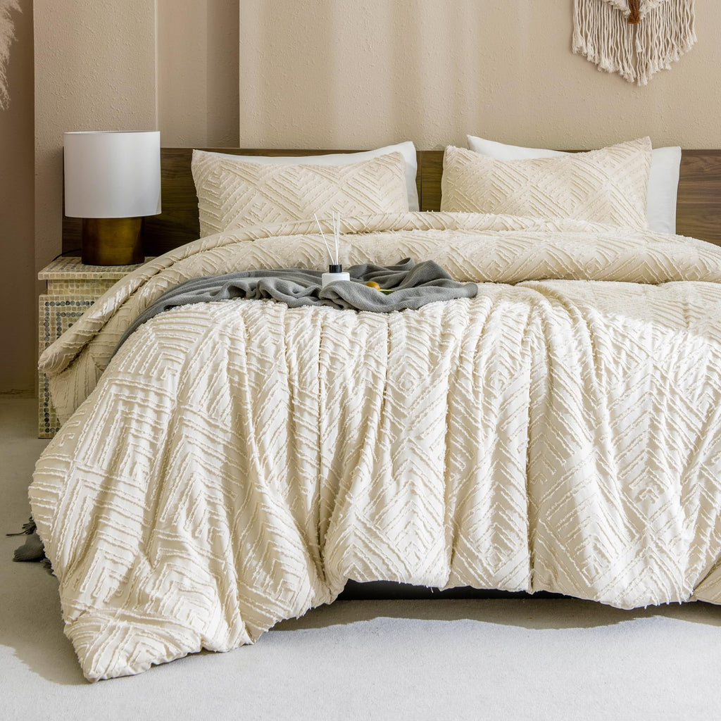 Heavyweight Warmth King Size Comforter Sets Beige - 3 Pieces Cream Boho Bedding Comforter Set for King Bed - Soft Fluffy Tufted Textured... - Luxurious Quilted Duvet Cover Set Detail