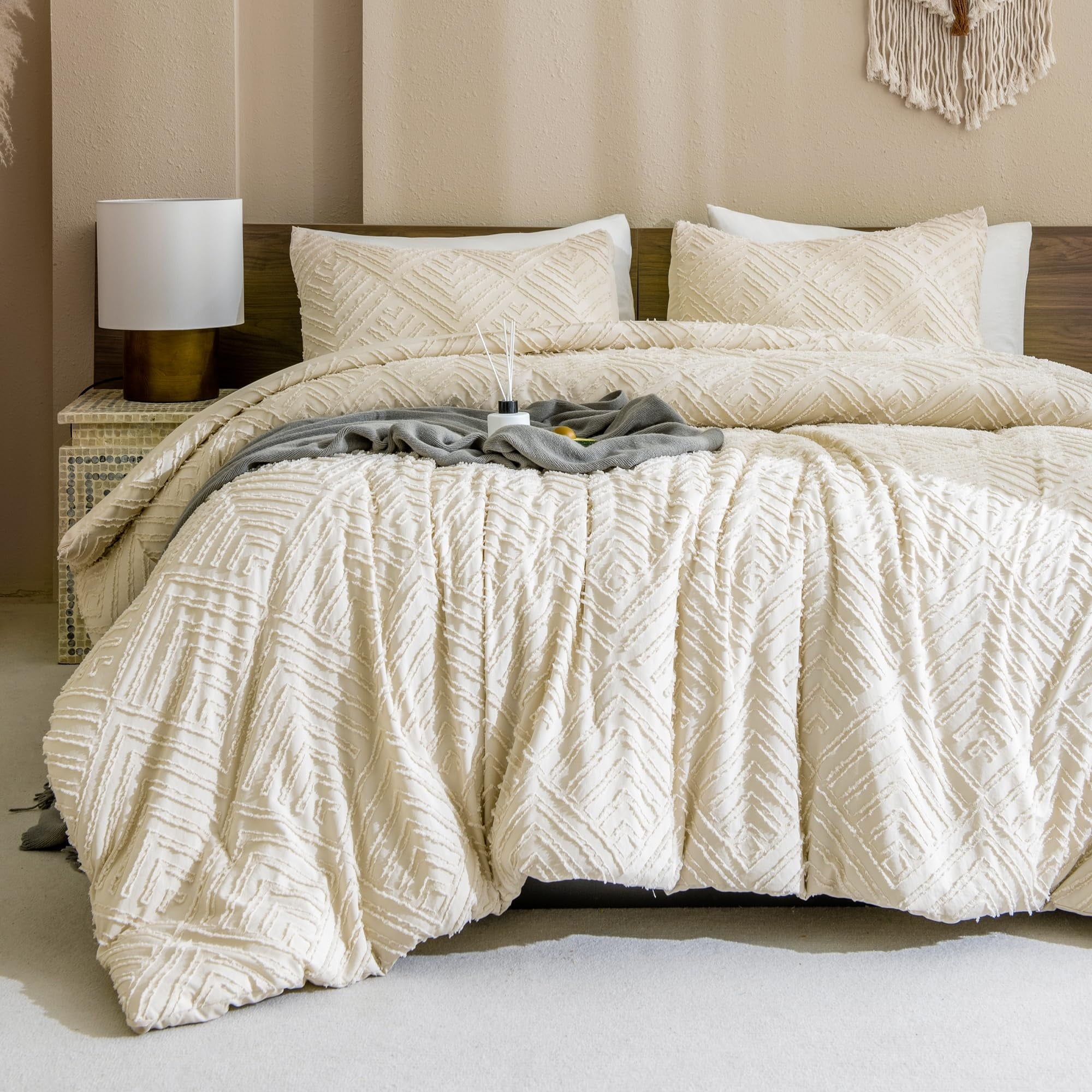 Heavyweight Warmth King Size Comforter Sets Beige - 3 Pieces Cream Boho Bedding Comforter Set for King Bed - Soft Fluffy Tufted Textured... - Luxurious Quilted Duvet Cover Set Detail