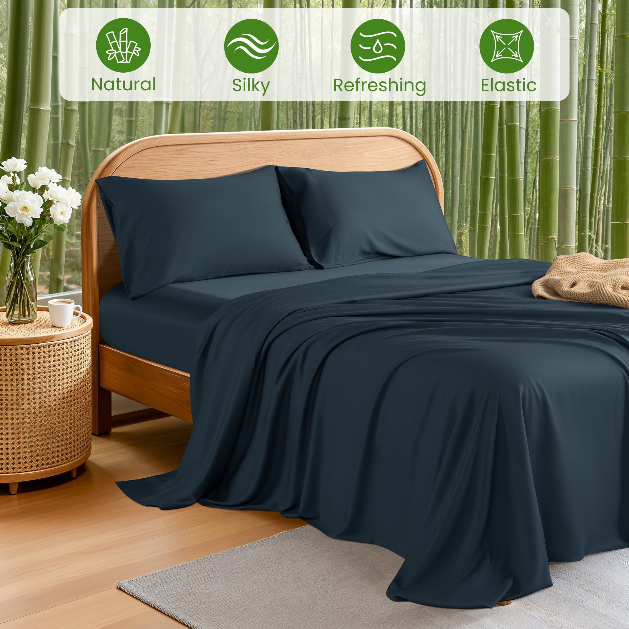 Breathable Luxury 100% Organic Luxurious Bamboo Sheets, Queen Sheet Set 4-Piece with 16" Deep Pocket, Silky Smooth Luxury Bed Sheets, N... - Cooling Hotel Quality Bedding Sheets and Pillowcases Detail