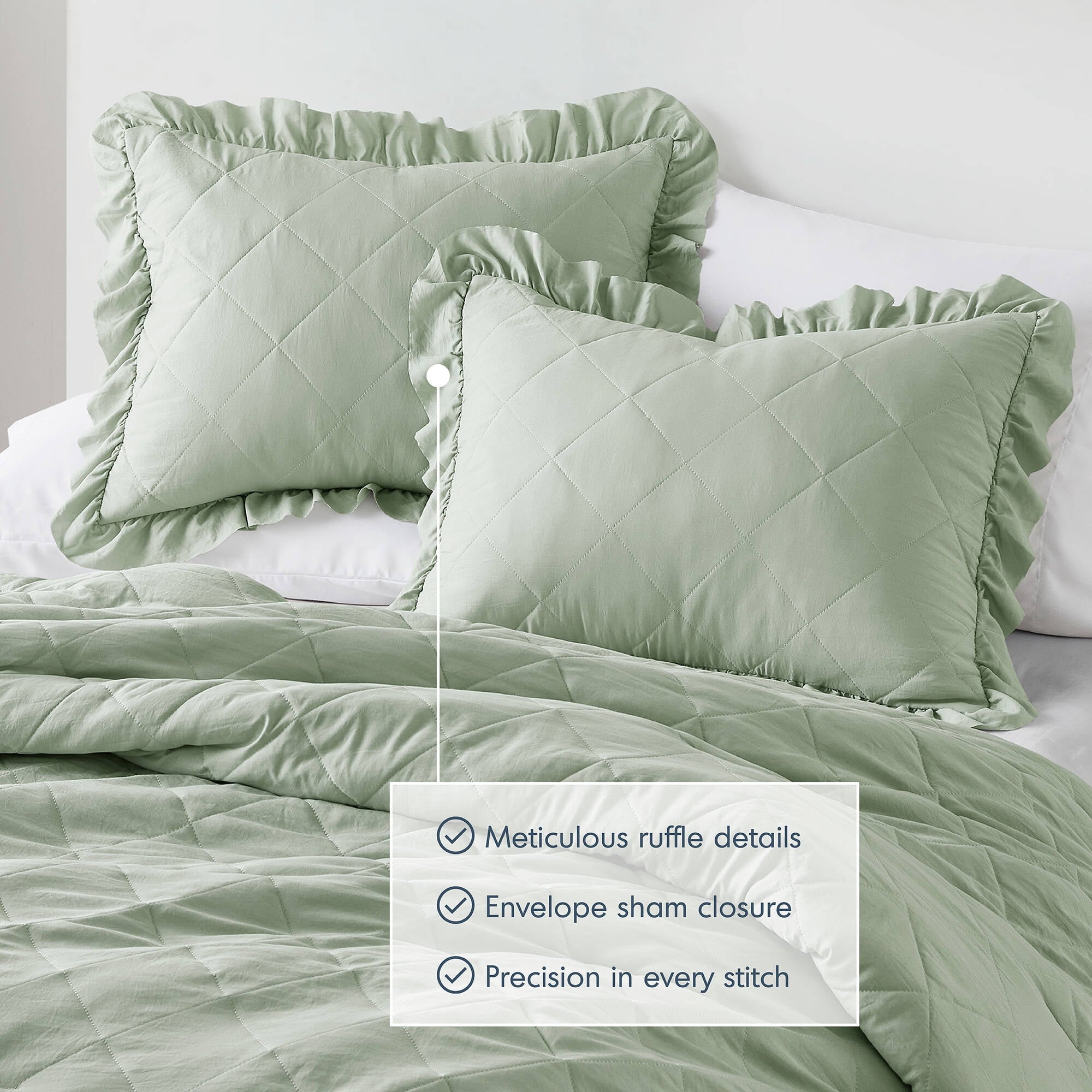 All-Season Full/Queen Comforter Set Sage, 3 Pieces Quilted Ruffle Comforters Full/Queen Size, Solid Bedding Comforters Sets, Gif... - Hypoallergenic Ultra-Fluffy Quilt for Winter Detail