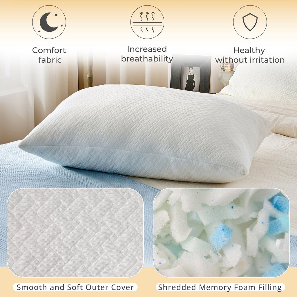 Orthopedic Support 2 Pack Bed Pillow, Shredded Gel Memory Foam Pillow, Standard Queen, Medium, Made in USA - Orthopedic Shredded Foam Bed Pillow Set Detail