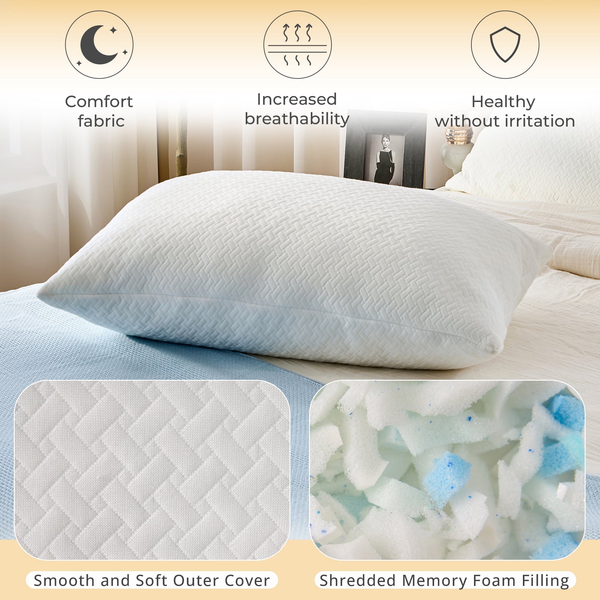 Orthopedic Support 2 Pack Bed Pillow, Shredded Gel Memory Foam Pillow, Standard Queen, Medium, Made in USA - Orthopedic Shredded Foam Bed Pillow Set Detail
