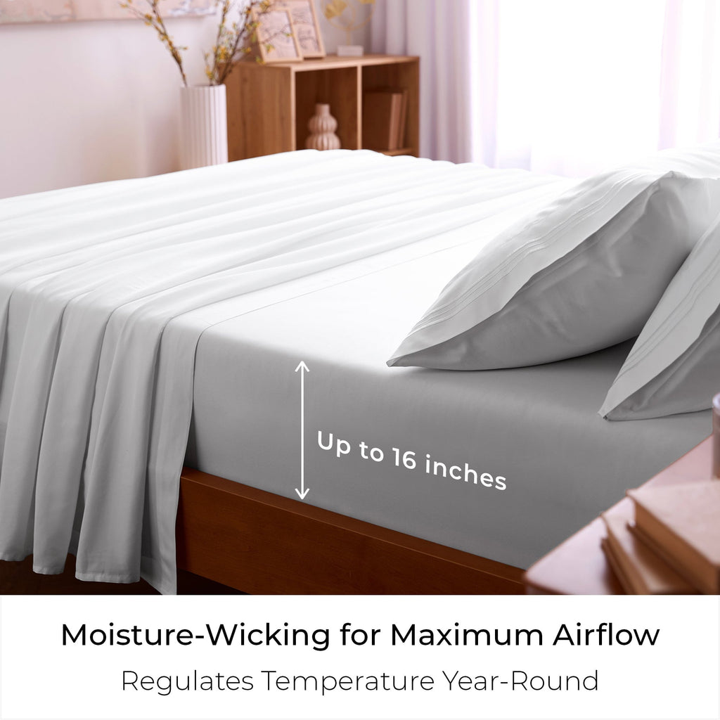 Cooling Sateen Iconic 6 Piece Bed Sheet Set Brushed Microfiber, Deep Pocket, Queen, White - Luxury Bed Sheet Set with Deep Pockets Detail