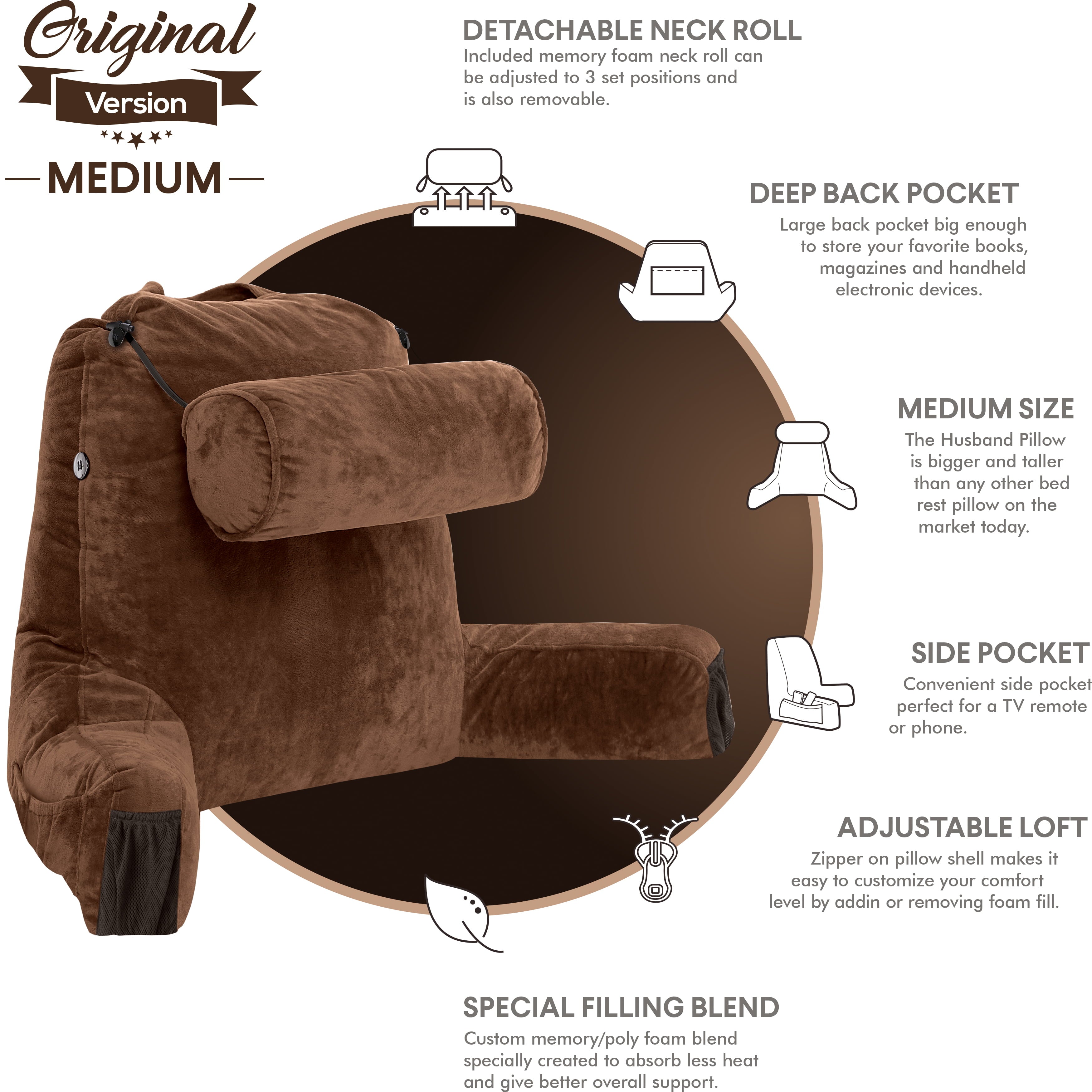 Ergonomic Memory Foam Medium Chocolate Brown, Backrest - Detach Neck Roll, Removable Cover - Hotel Quality Plush Sleeping Pillows Detail