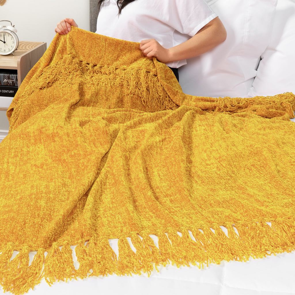 Super Soft Flannel Mustard Yellow Chenille Throw Blanket for Couch, Soft Gold Knit Blanket with Tassel Fringe, Woven Chenille Knitted De... - Super Soft Reversible Sherpa Flannel Blanket Detail