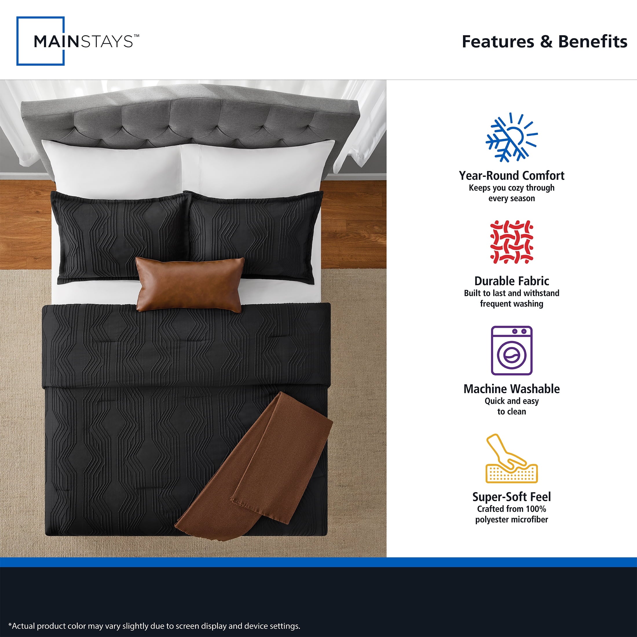 Heavyweight Warmth Full/Queen Comforter Set, All-Season, 5-Piece, Black Jacquard Geo - All-Season Down Alternative Comforter Insert Detail
