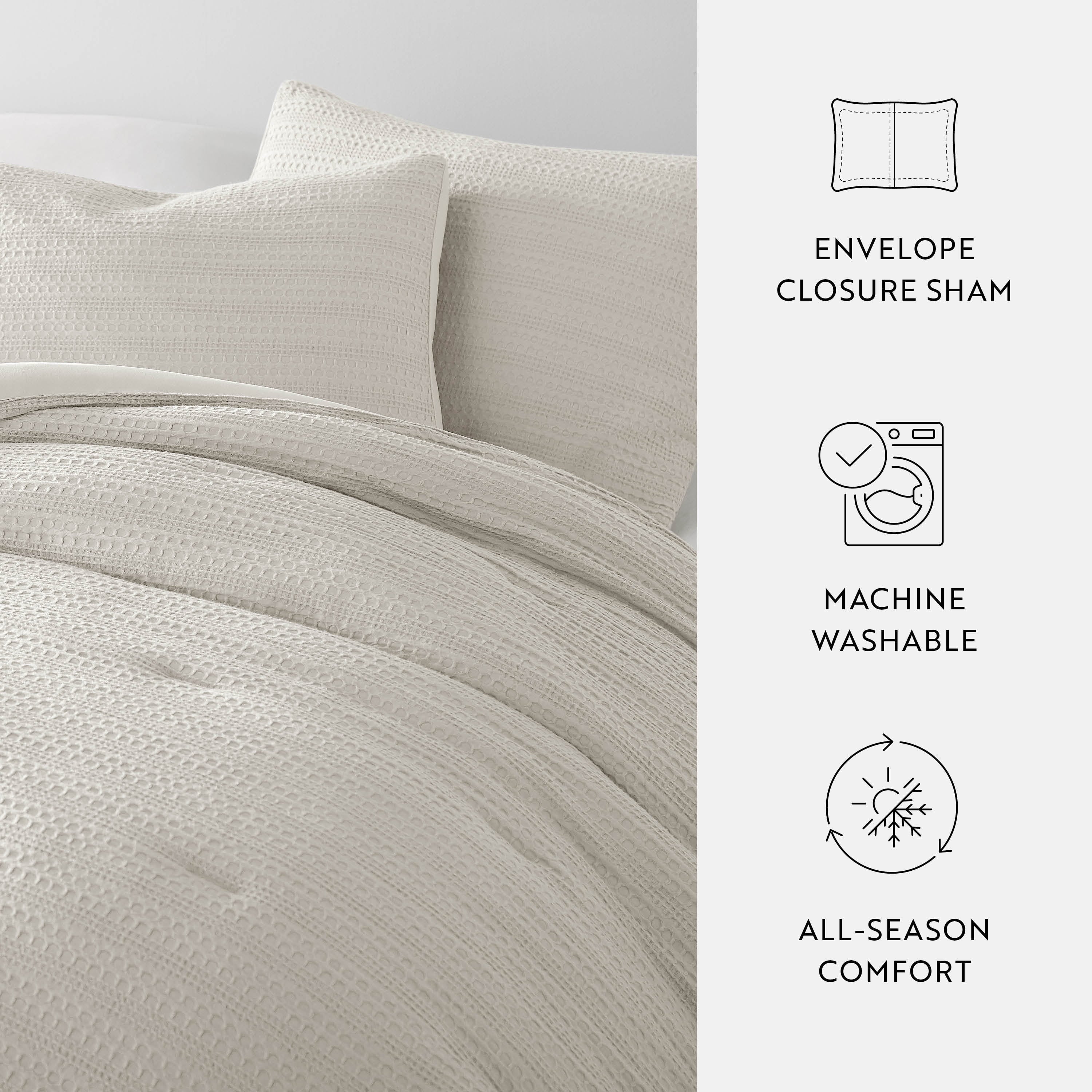 Heavyweight Warmth Textured Waffle Comforter Set ins Natural Waffle Comforter Bedding Sets, King/Cal King Size Bedding - Luxurious Quilted Duvet Cover Set Detail