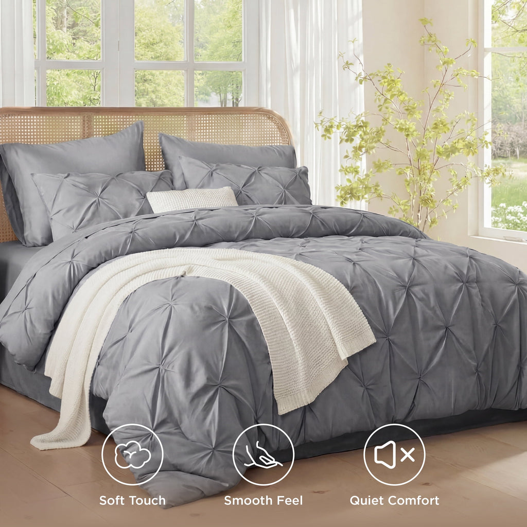 Fluffy Down Alternative Queen Comforter Set Grey, Bed in a Bag Queen Size Bedding, 7 Pieces Pinch Pleat All Season Comforter - Hypoallergenic Ultra-Fluffy Quilt for Winter Detail