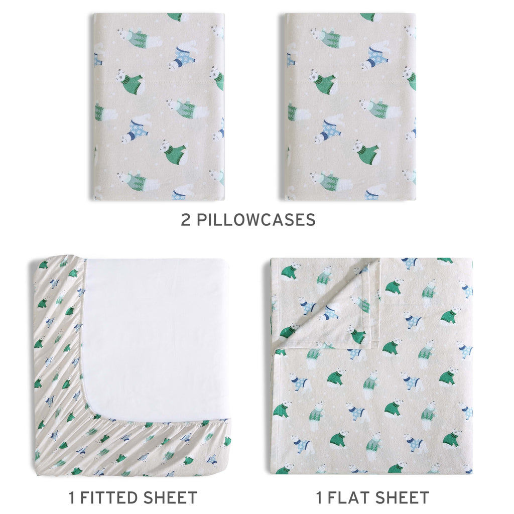 Cooling Sateen Winter Nights Cotton Flannel Sheet Set, King, Holiday Bears - Cooling Hotel Quality Bedding Sheets and Pillowcases Detail