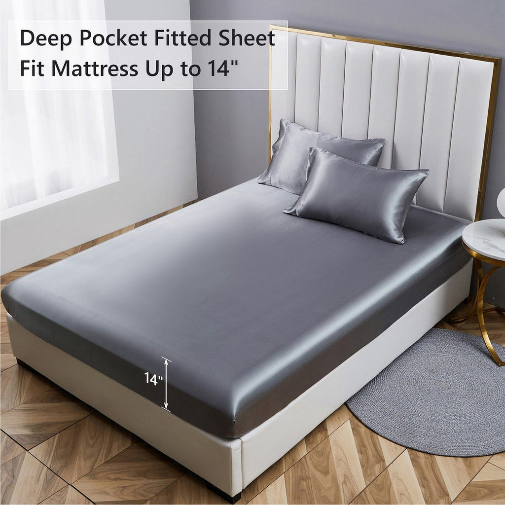 Cooling Sateen Luxury 5-Piece Satin Sheets Twin Silk Sheets Bed Sheet Set Ultra-Silky & Skin-Friendly Deep Pocket Bed Flat Fitted Sheet - Premium Ultra-Soft Pillowcase Pair for Sleeping Detail