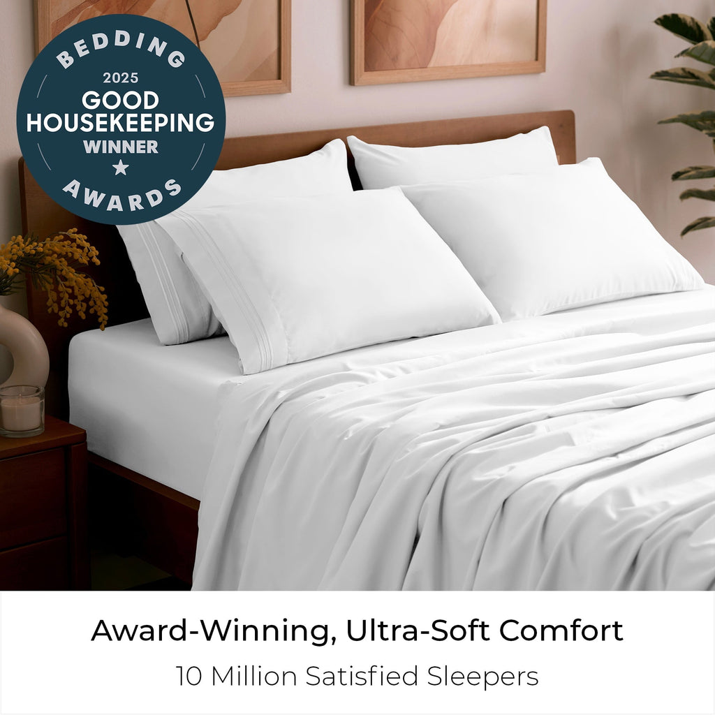 Cooling Sateen Iconic 6 Piece Bed Sheet Set Brushed Microfiber, Deep Pocket, Queen, White - Luxury Bed Sheet Set with Deep Pockets Detail