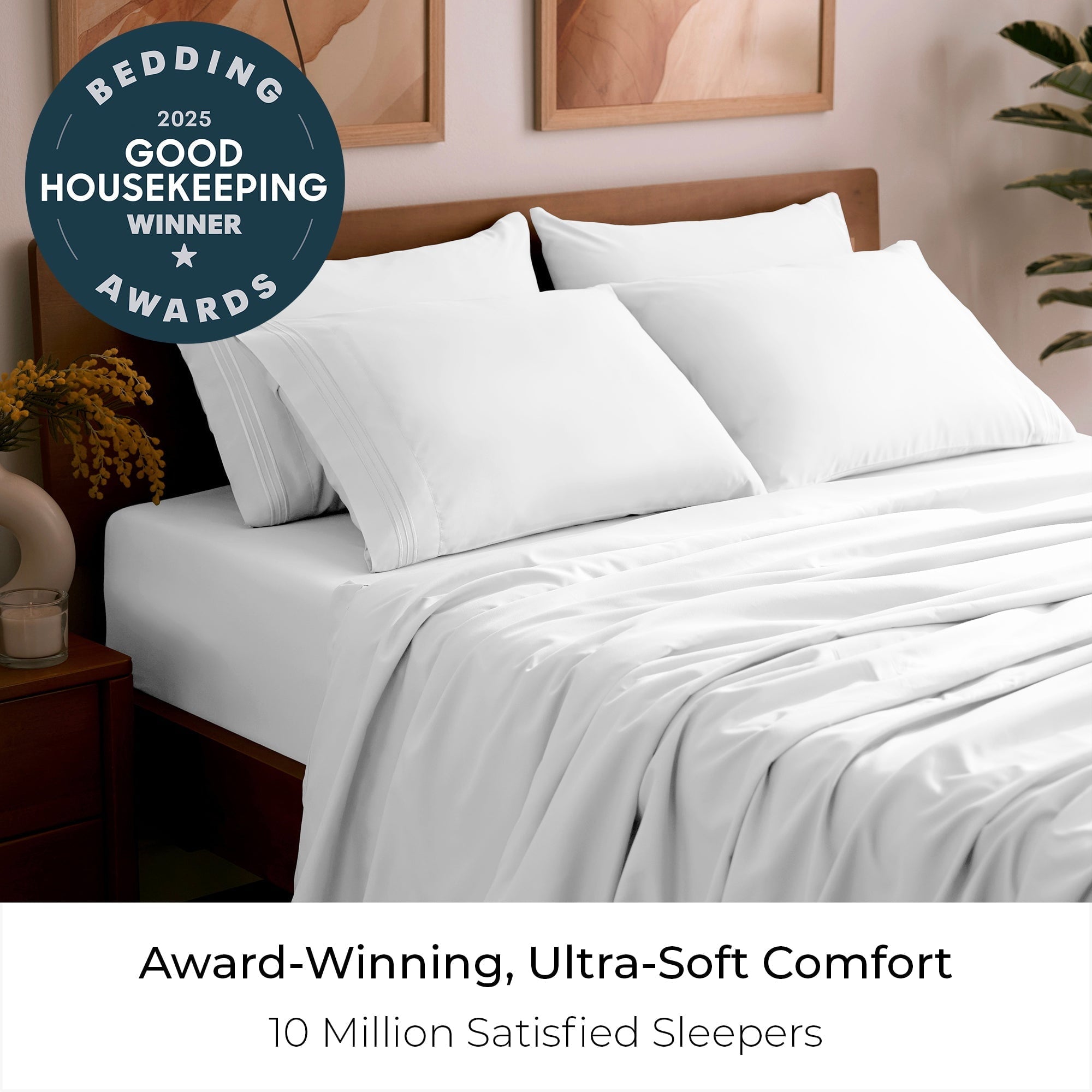 Cooling Sateen Iconic 6 Piece Bed Sheet Set Brushed Microfiber, Deep Pocket, Queen, White - Luxury Bed Sheet Set with Deep Pockets Detail