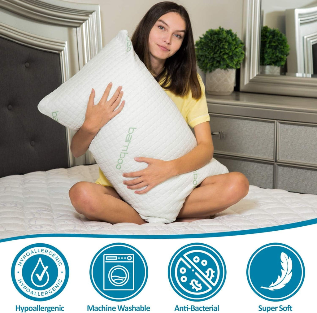 Orthopedic Support Queen Size Bamboo Pillow, Memory Foam Bed Pillows with Washable Pillowcases, Queen - Hotel Quality Plush Sleeping Pillows Detail